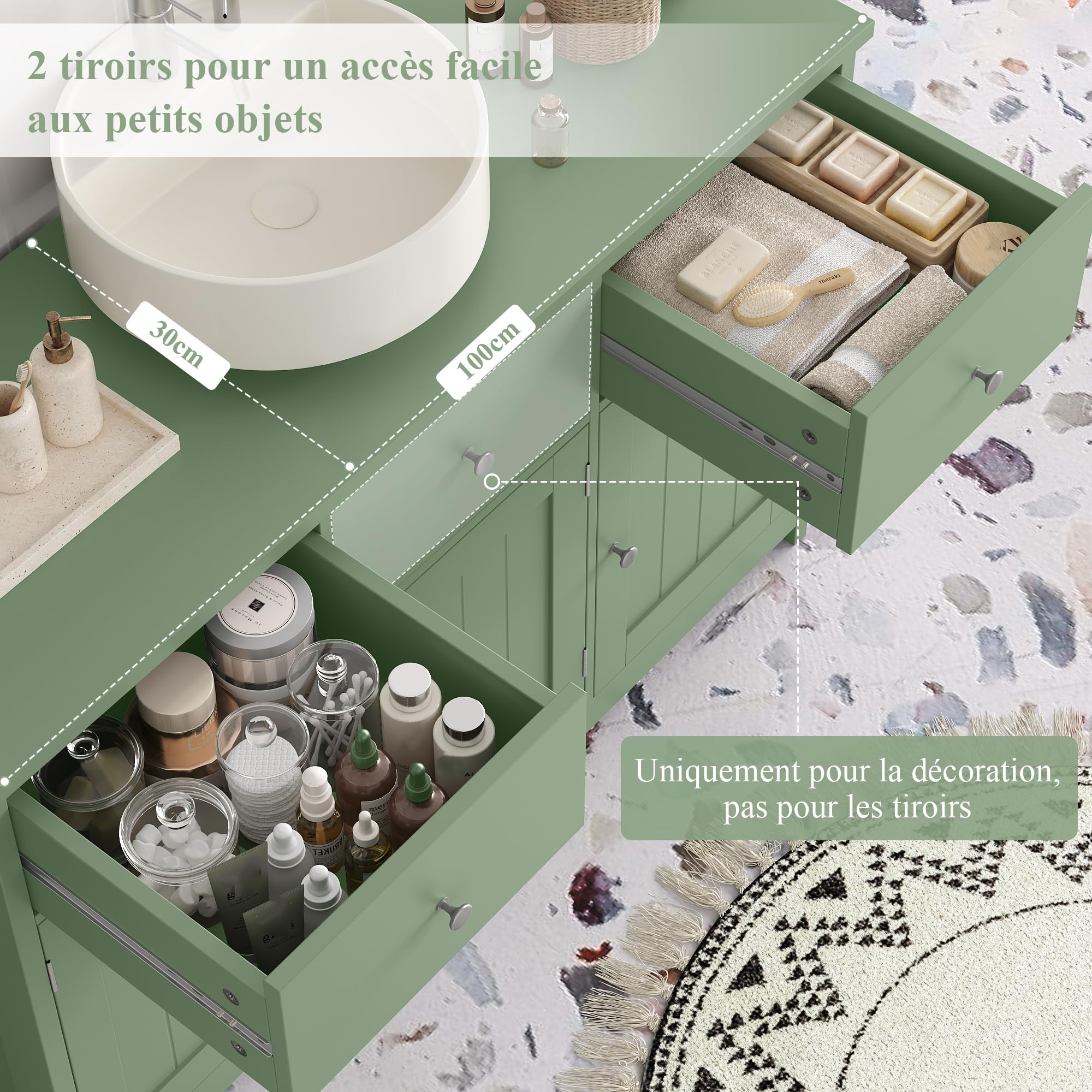 FOREHILL Meuble sous Lavabo 100cm, Meuble de Salle de Bain sous Vasque, Meubles de Salle de Bain Rangement avec 3 Portes 2 Tiroirs sur Pieds 100x30x61cm Vert