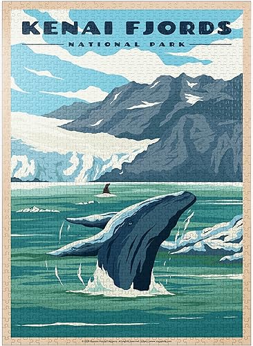 Kenai Fjords National Park - Whale's Haven in Nature - Póster de viaje vintage - Rompecabezas de 1000 piezas prémium para adultos