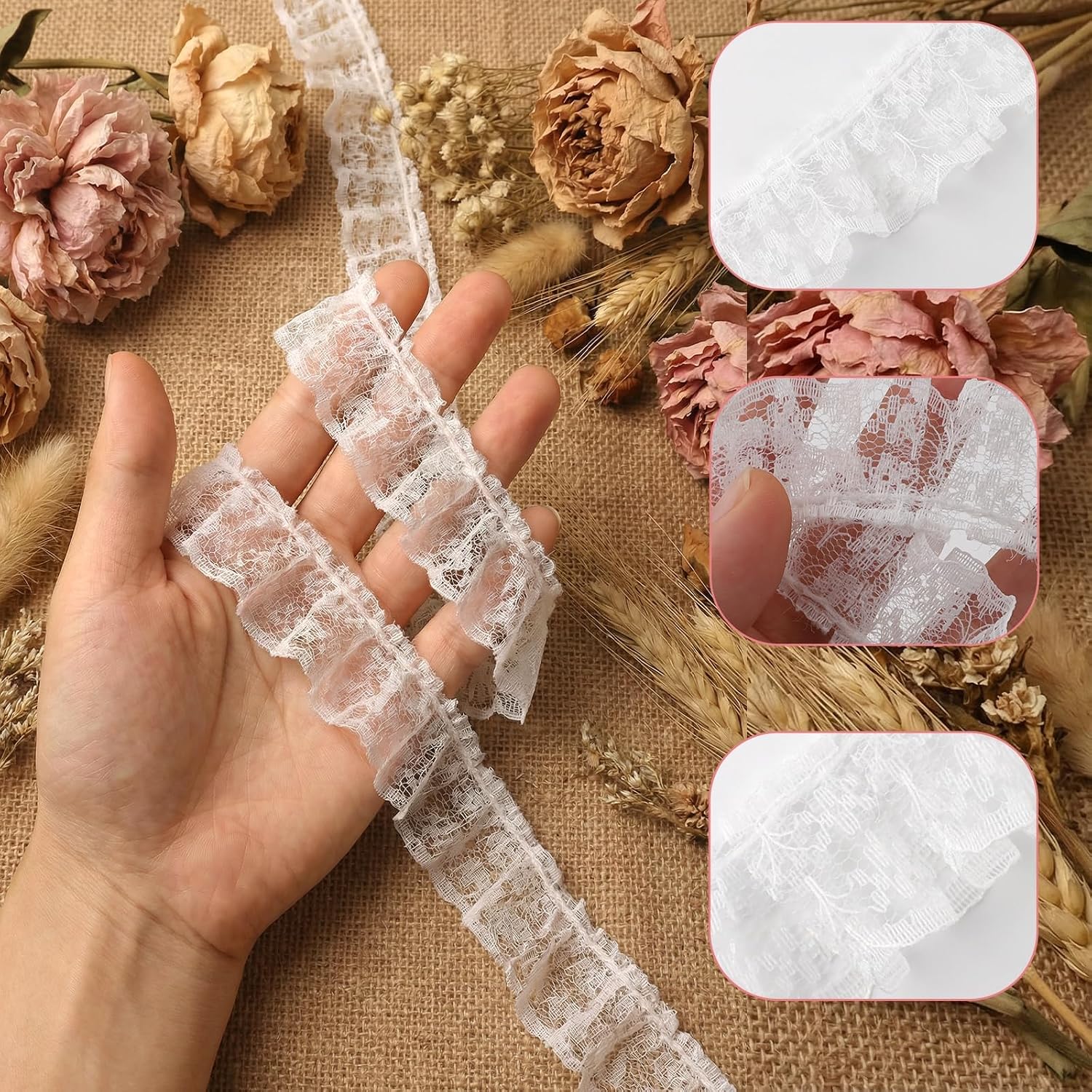 5.5 Yards White Lace Ribbon, Pleated Ruffle Lace Trim for Sewing, 0.8 Inch Cotton Lace Trim for Crafts & Clothing Decoration