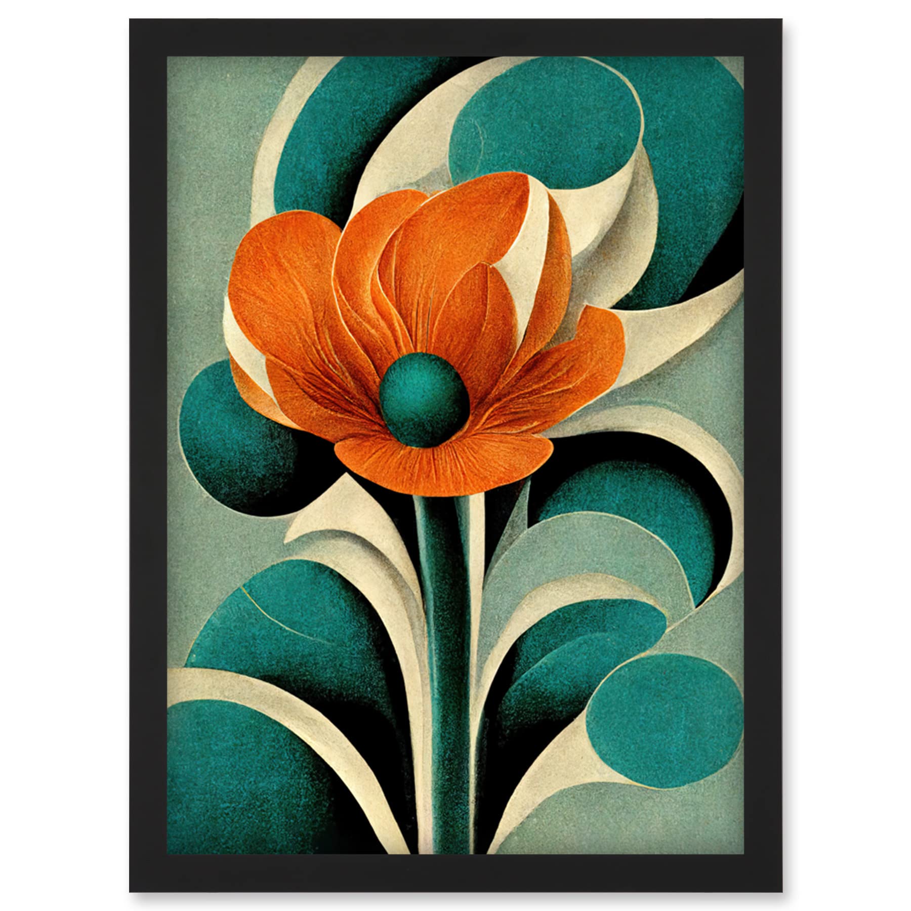 Doppelganger33 LTD Art Deco Poppy Flower Teal Orange Cream Artwork Framed Wall Art Print A4