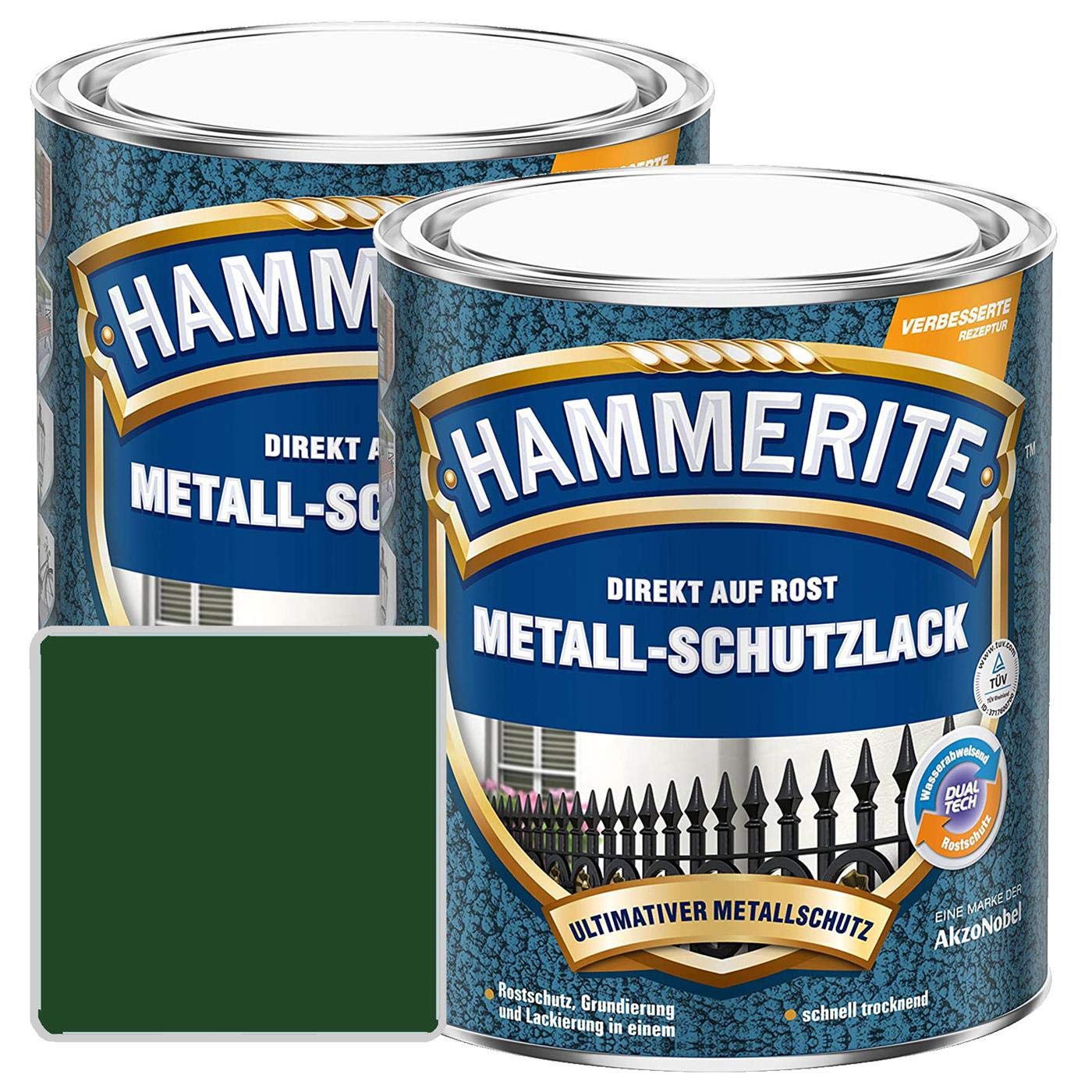 Hammerite Metall Schutzlack Hammerschlag-Effekt Rostschutz dunkelgrün Sparpaket, 2 x 750ml