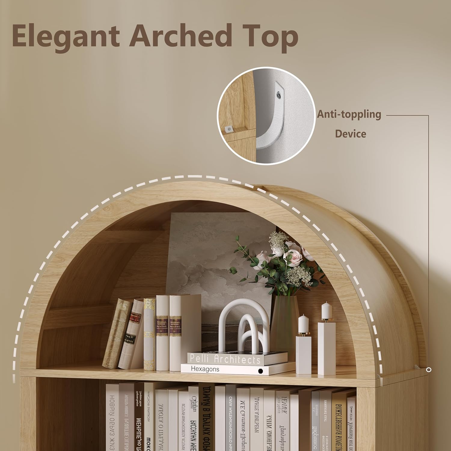Wodeer Tall Arched Bookshelf, 7-Tier Bookcase with 3 Adjustable Shelves, Modern Farmhouse Storage Shelf for Living Room, Entryway, Office, 29.5" W x 70.1" H x 13.8" D, Natural Oak