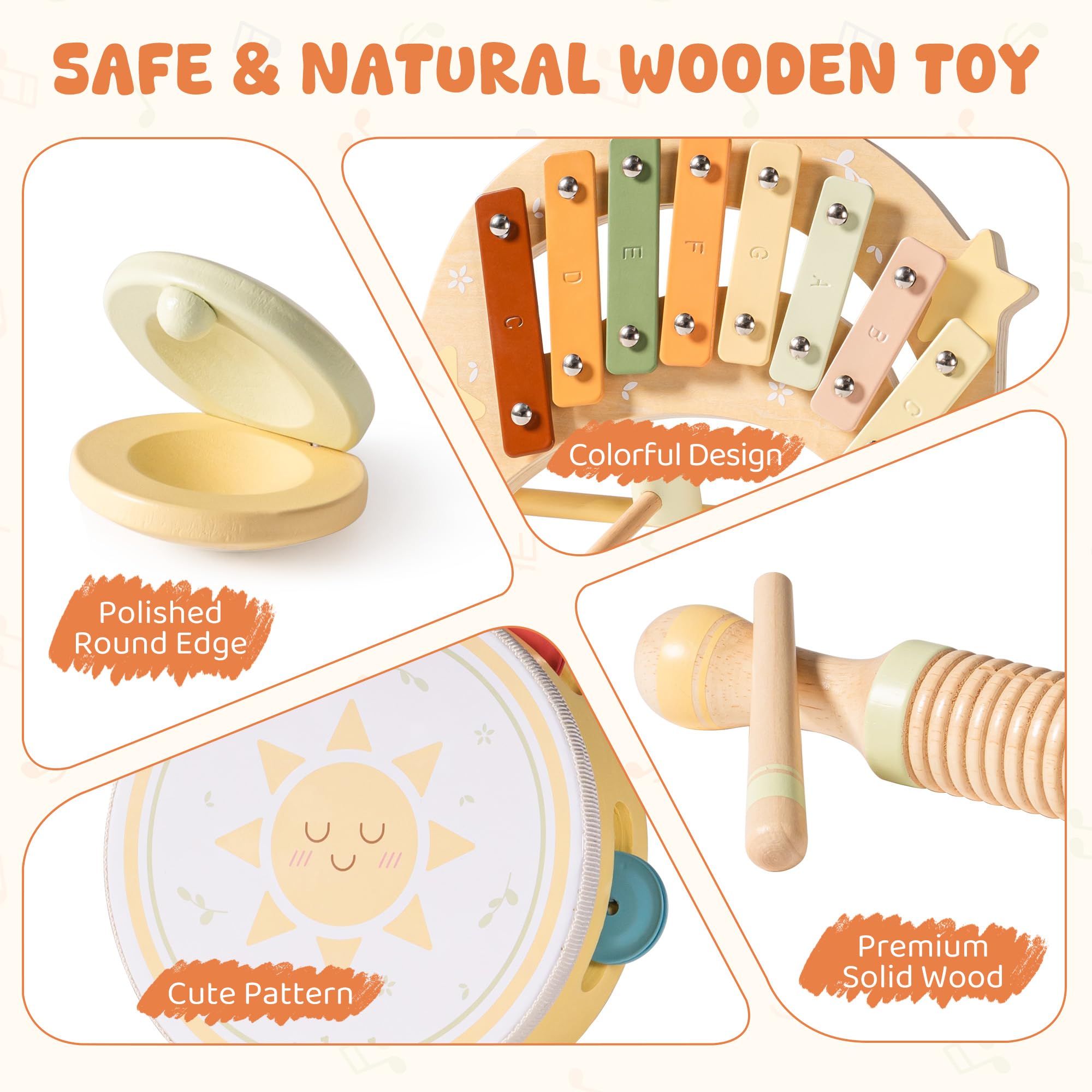 ROBOTIME Wooden Baby Musical Instrument Set, Cute Percussion Toys for Toddlers Includes Xylophone, Maracas, Tambourine - Image 4