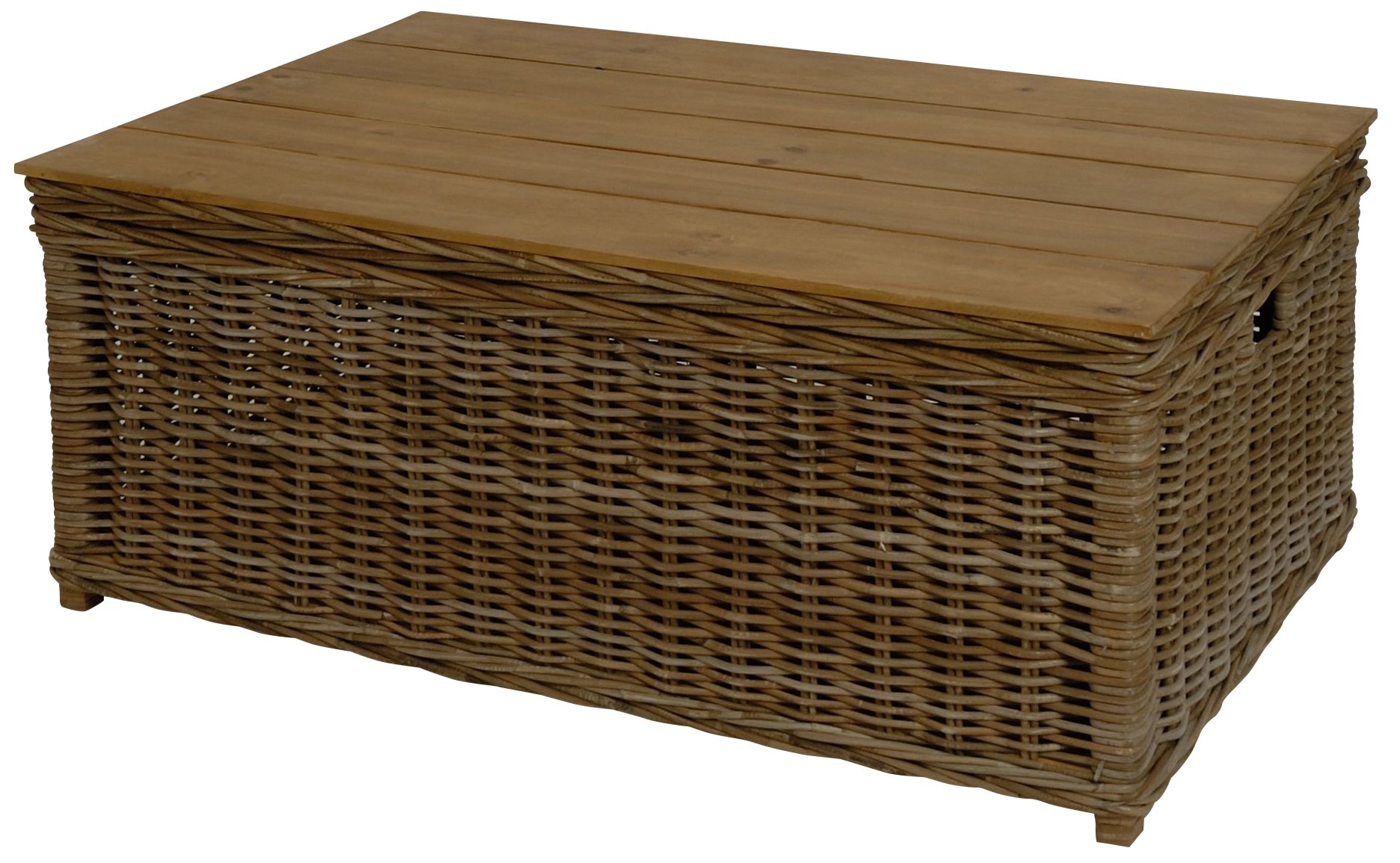 Stabiler Couchtisch auch als Holztruhe, Holzkiste XXL einsetzbar/aus echtem Rattan und Holz/massive Kiste, Truhe für Brennholz (110x70cm)