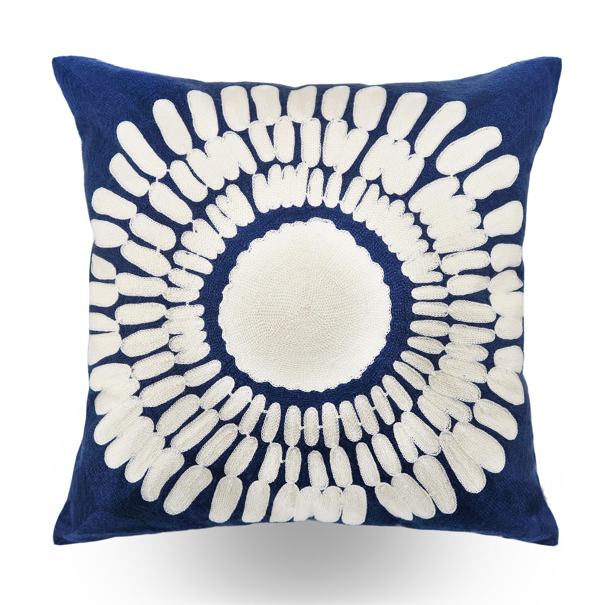 Hodeco Embroidery Throw Pillow Covers 18x18 Home Decor Floor Pillows Cover 100% Cotton Cushion Cover Throw Pillow Case for Couch Dark Blue Sunflower Embroidered Pillow 45x45cm, Navy Blue, 1 Piece