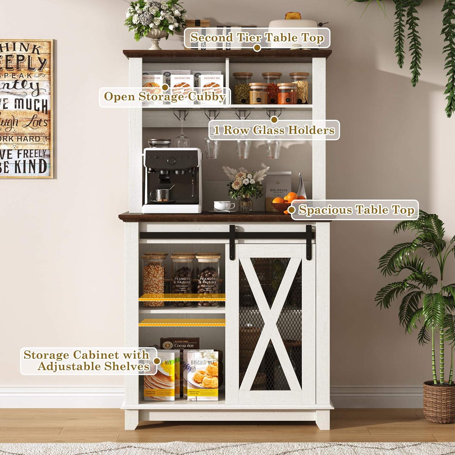 Labeled features of the coffee bar cabinet including shelves, glass holders, and tabletop