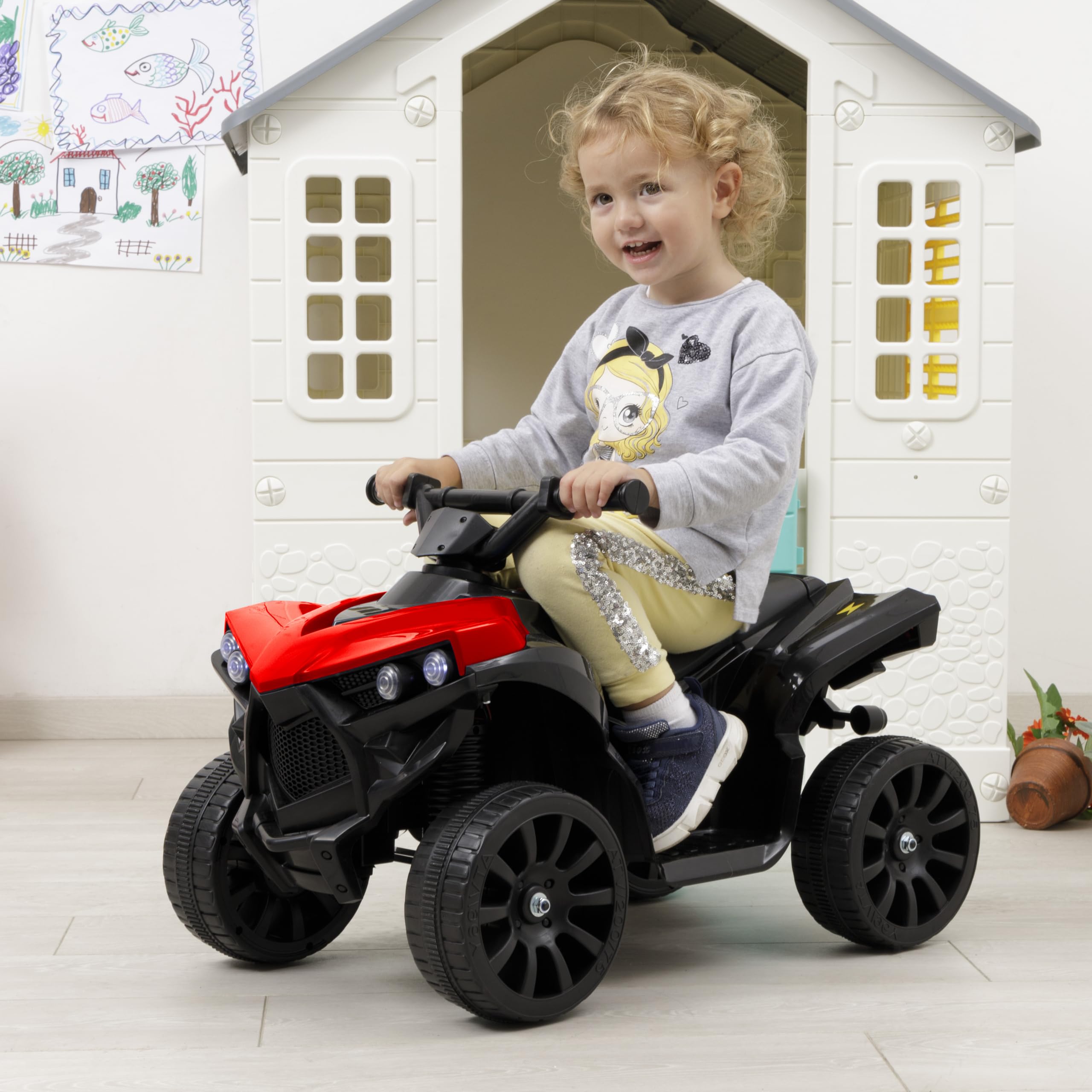 Baroni Toys Quad électrique pour Enfants 1-4 Ans avec Guidon, Effets sonores et Lumineux, Quad avec Marche Avant et arrière, Batterie Rechargeable 6 V, Facile à Assembler, 70x42x45 cm (Rouge)