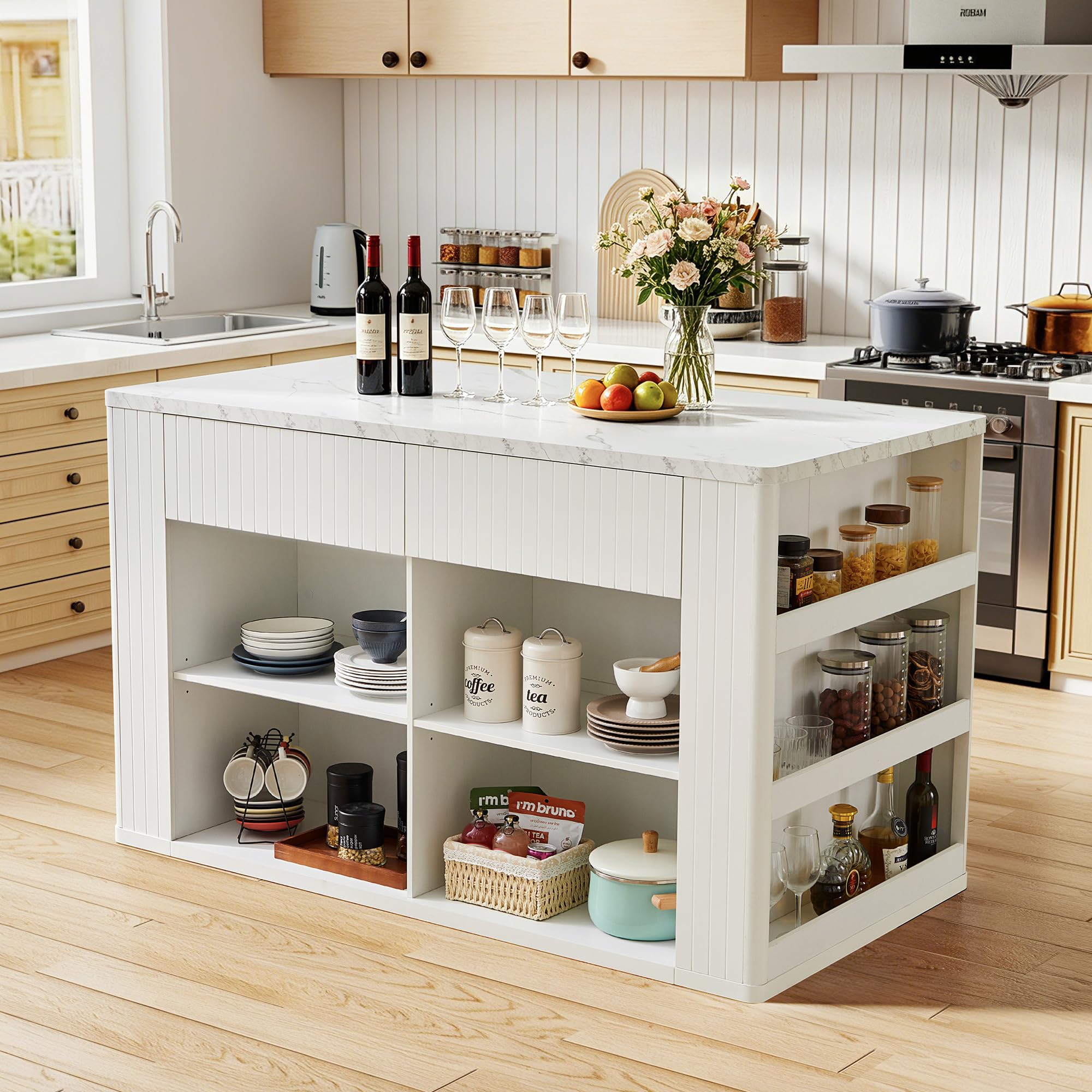 59" Kitchen Island with Storage &amp; Seating for 2, Modern Stationary Kitchen Island with Faux Marble Top, 2 Drawers, Open Shelves &amp; 5 Hooks, Counter Height Prep Table for Dining &amp; Kitchen (White)