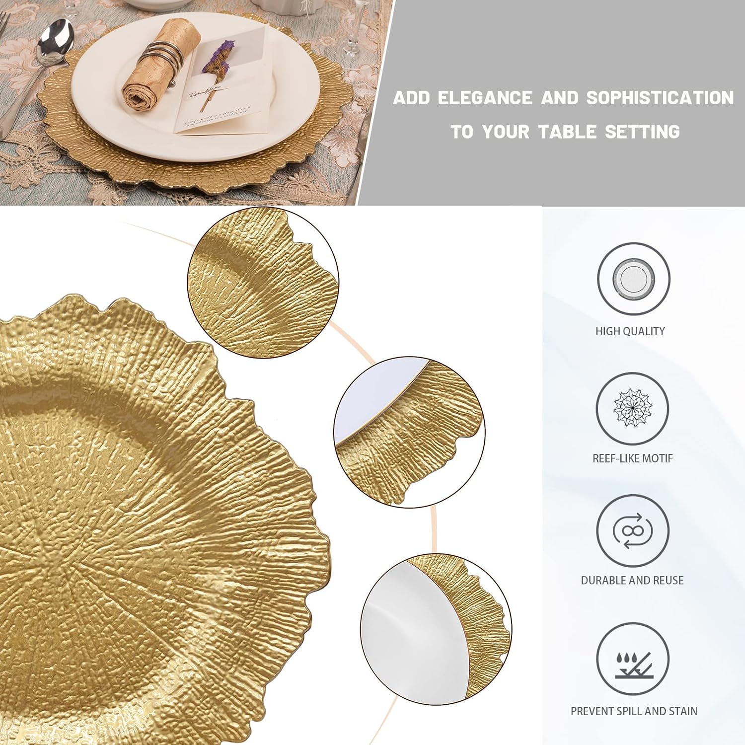 ALINK Gold Platzteller, Riffteller, Ladegerät für Speiseteller, 33 cm, Kunststoff-Ladegeräte für Hochzeiten, Weihnachten und Partys, 6 Stück-wiederverwendbar