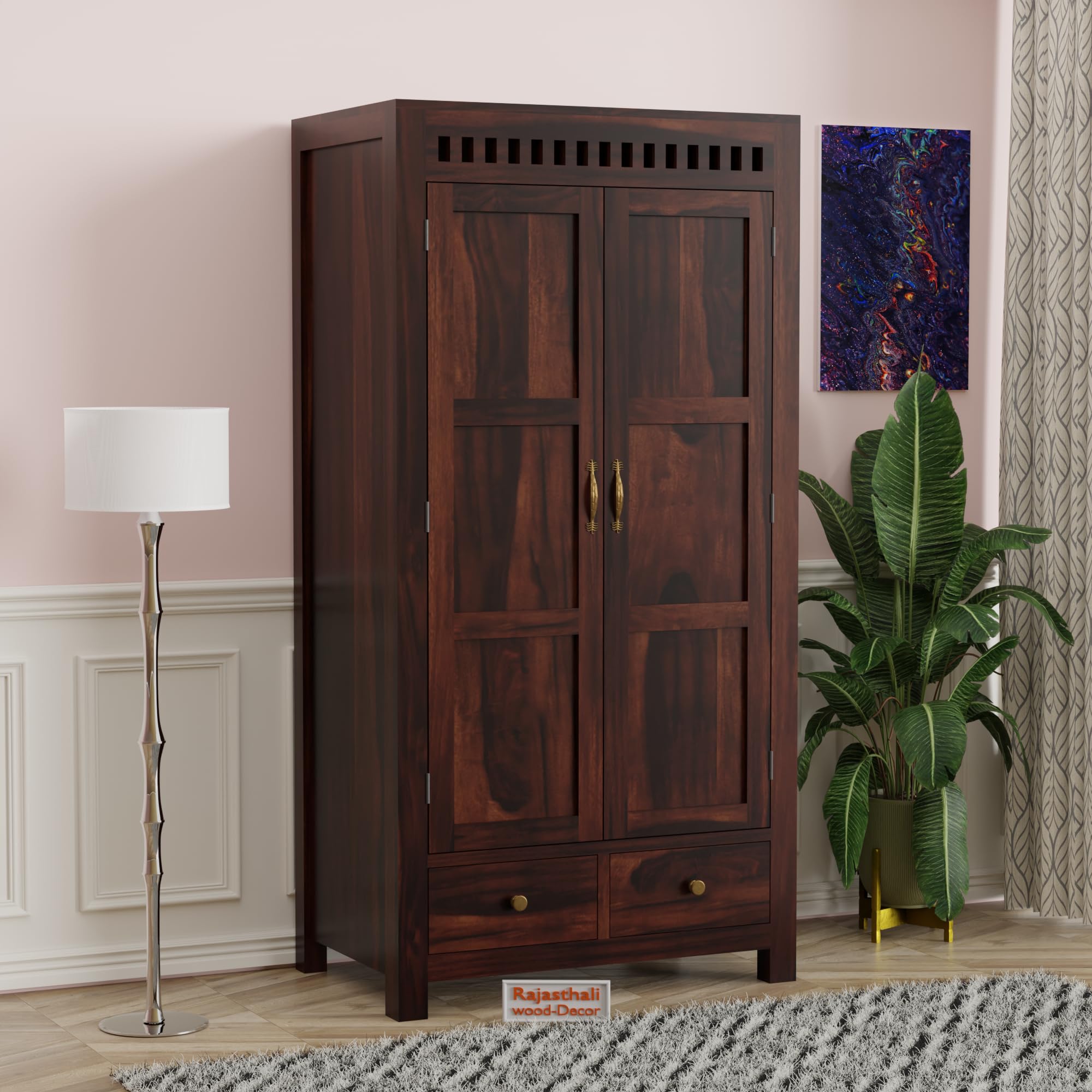 Rajasthali Furniture Woodcrony Solid Sheesham Wood Wardrobe, 2 Door with Drawers Cupboard, Almirah for Living and Home Areas, 177.8 H x 90 W x 55.8 D Centimeters (Warm Cherry)-image-33