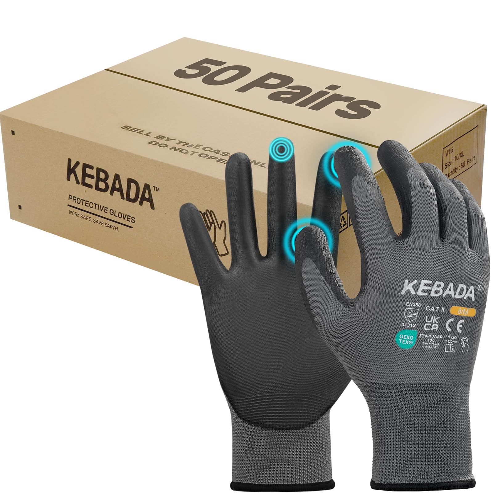Kebada Work Gloves for Men and Women, PU Coated Touchscreen Safety Working Gloves with Grip, Great for Gardening, Mechanic, Warehouse, Driving, Construction, Grey, Bulk Pack (50 Pairs), XX-Large