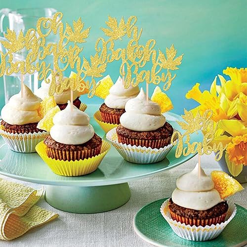 Miniatura 6 de 24 piezas de hojas de arce Oh Baby Cupcake Toppers con purpurina para otoño, baby shower, temática de Acción de Gracias, baby shower, niños, niñas,