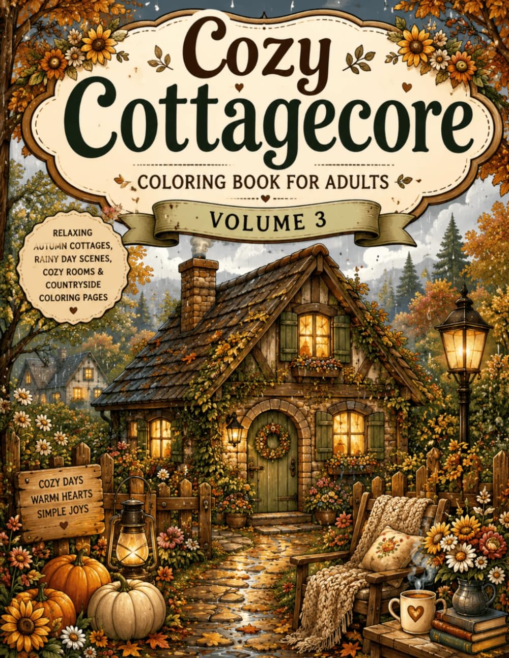 Cozy Cottagecore Coloring Book for Adults Vol. 3: Relaxing Autumn Cottages, Rainy Day Scenes, Cozy Rooms and Countryside Coloring Pages for Stress Relief