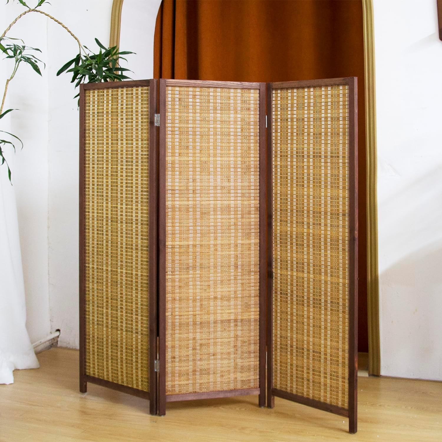 3 Panel Short Panel Divider Screen,3.95 FT Tall Bamboo Room Divider Folding Privacy Screen,Short Panel Divider Freestanding Room Divider for Room Seperation,Brown Brown 3 Panel