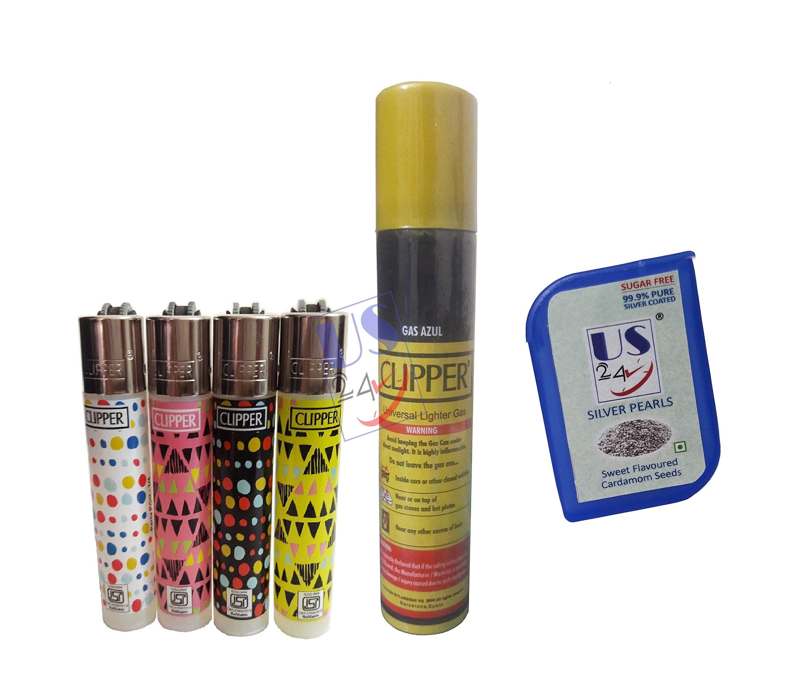 US24 Bundle Pack - 4 Clipper Lighters Party Print Collection with 1 no. Clipper Gas Refill Can 100ML and Complementary US24 Silver Pearls Mouthfreshner Worth Rs 95/--image-42