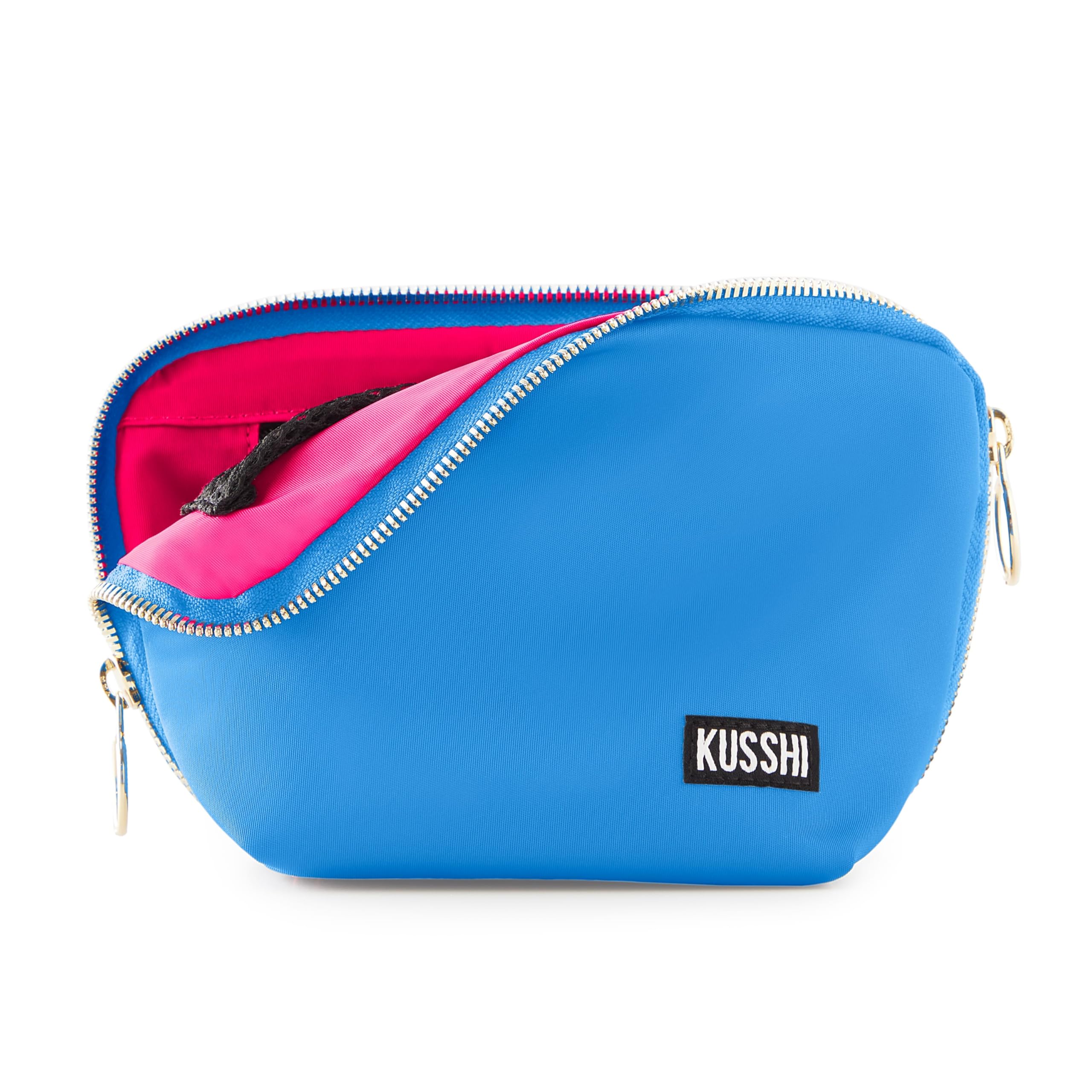 KUSSHI Washable Travel Makeup & Cosmetic Bag - Brush Organizer Sold Separately (Everyday, Light Blue/Neon Pink)