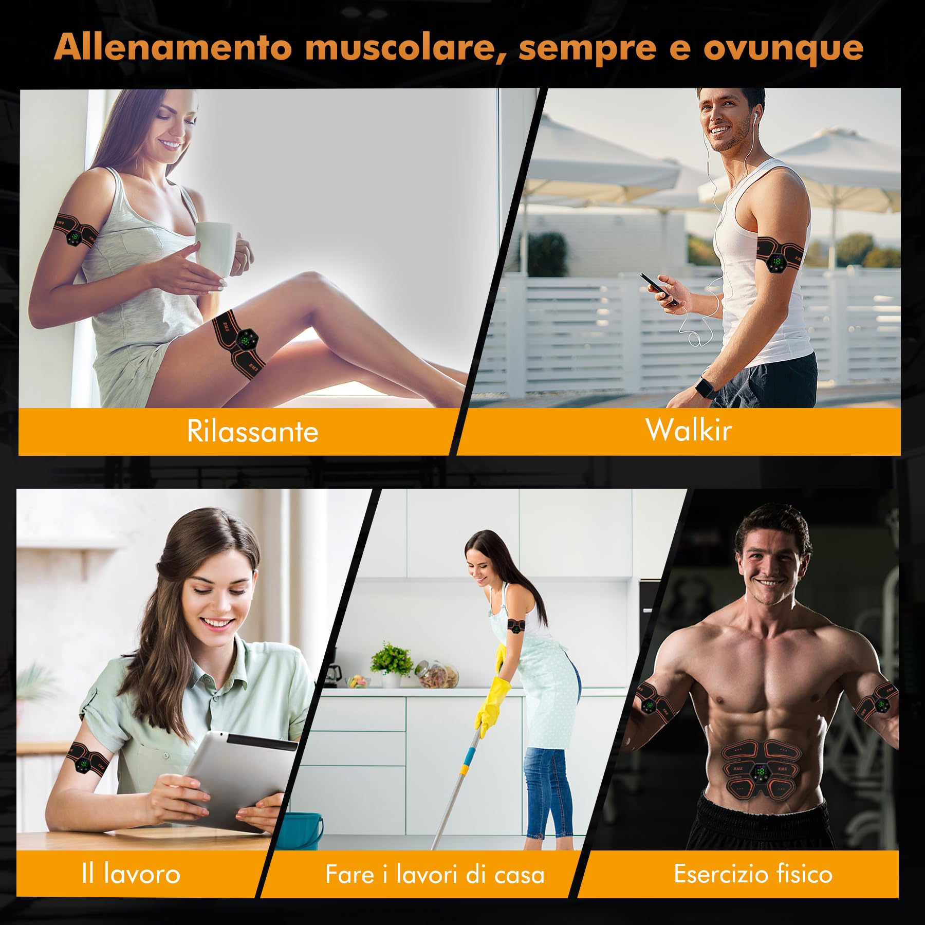 Elettrostimolatore Muscolare - EMS Elettrostimolatore Addominali,6 modalità e 19 intensità, Stimolatore Muscolare Glutei/Addome/Braccia/Gambe