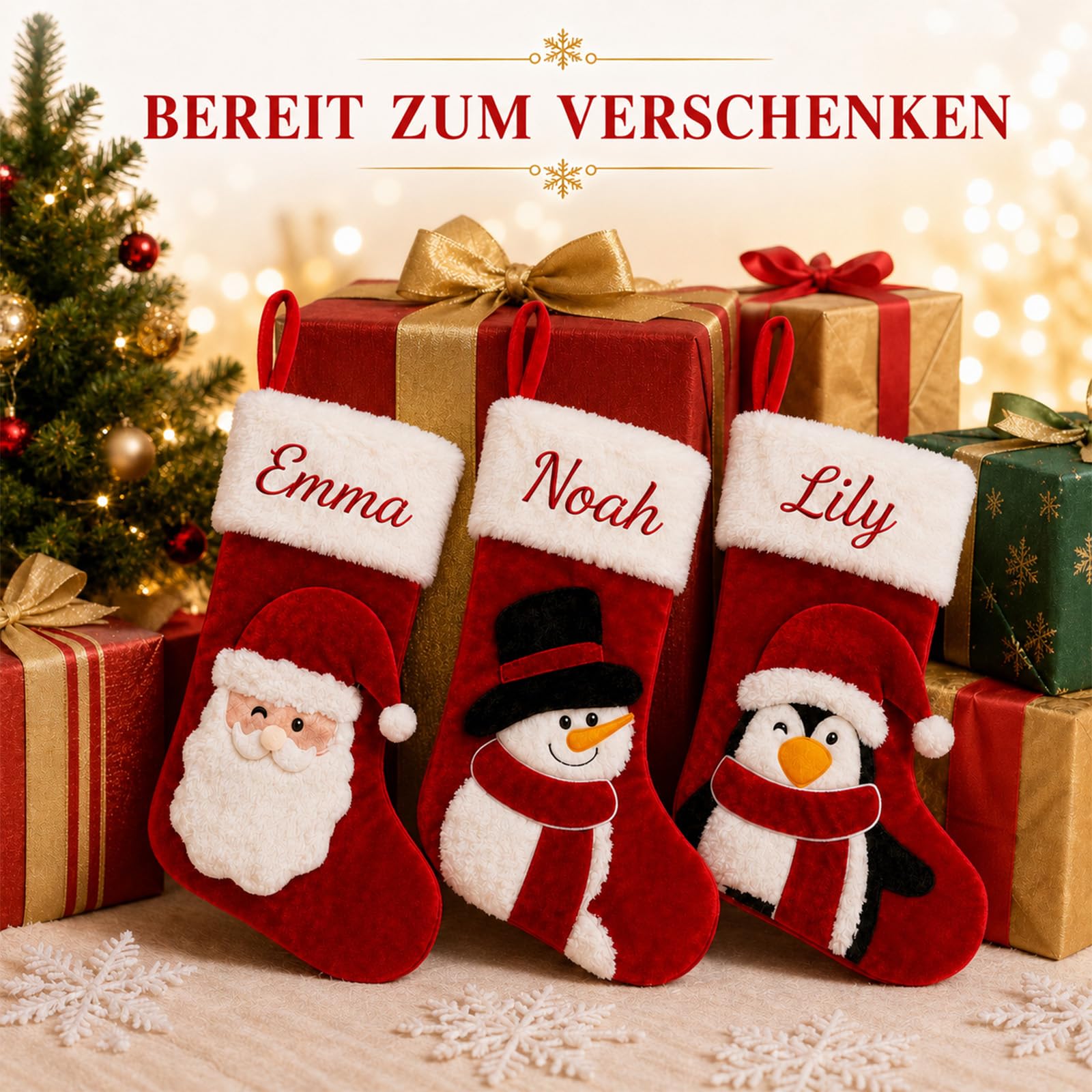 5 Stück Personalisierte Weihnachtsstrümpfe, Samt Rot, Schneemann, 44 cm