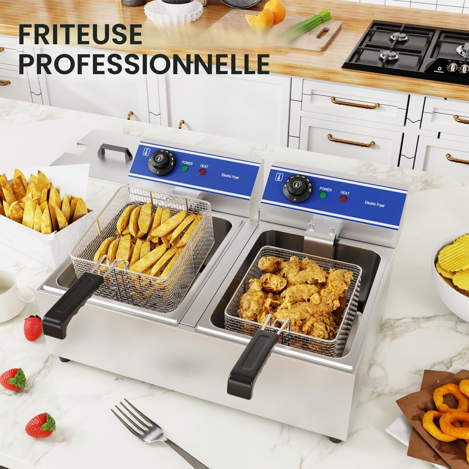 TAIMIKO Friteuse électrique commerciale 2 réservoir en acier inoxydable 3000W*2 220V-240V Thermostat 60-200 °C