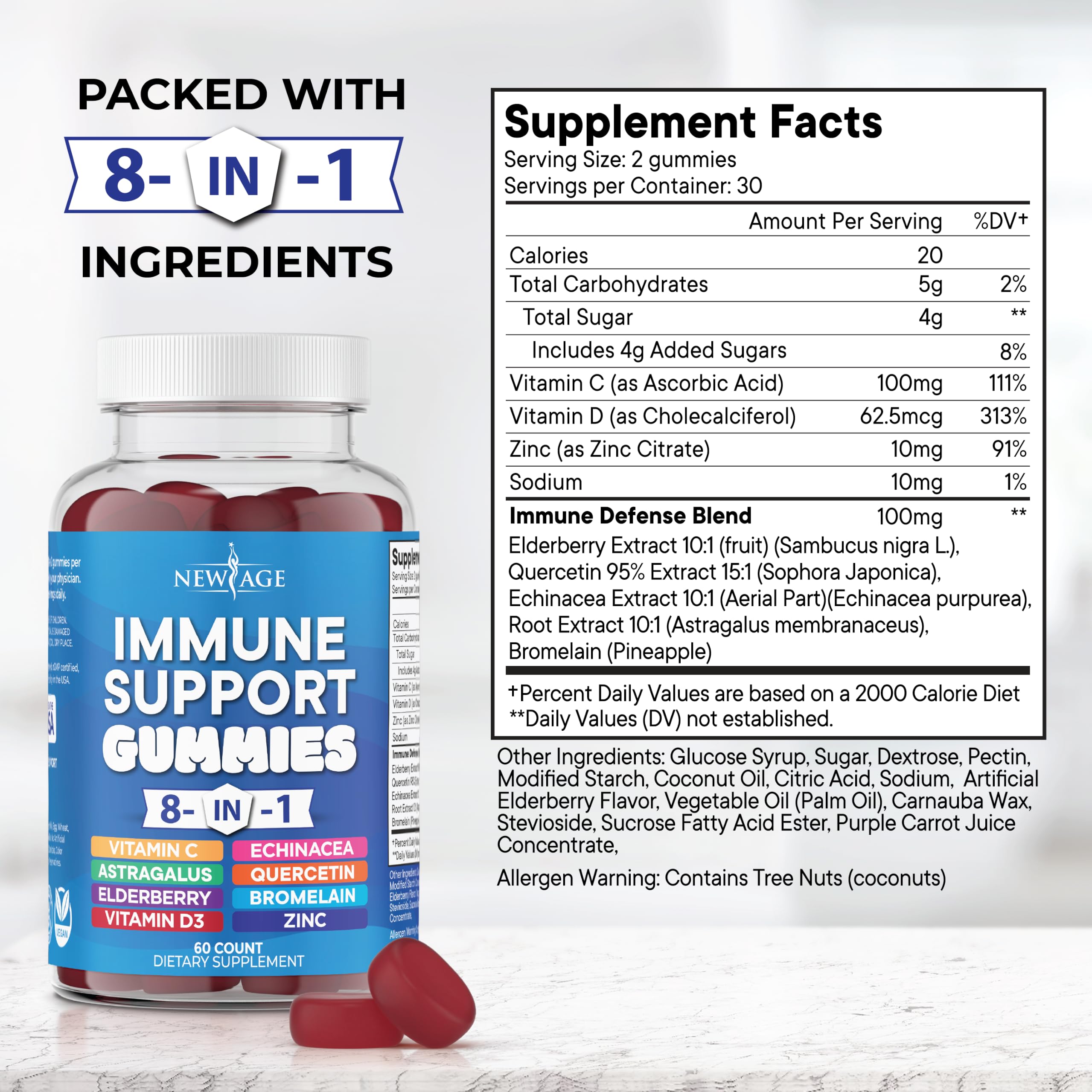 NEW AGE 8 in 1 Immune Support Booster Supplement with Astragalus Root, Vitamin C and Zinc 50mg, Vitamin D 5000 IU, Quercetin & Bromelain (8 in 1 Gummies (Pack of 2)) — Amazon image 2
