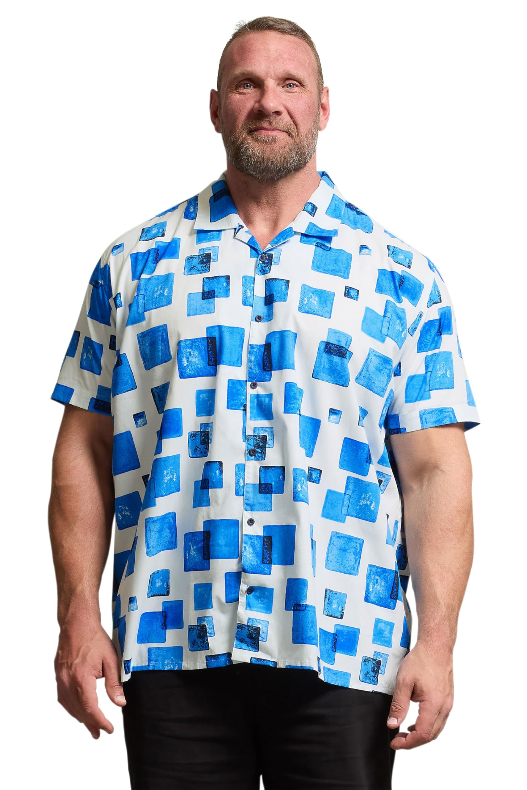 BadRhino Big & Tall White Square Print Peached Short Sleeve Revere Collar Shirt - Men's - Plus Size Curve