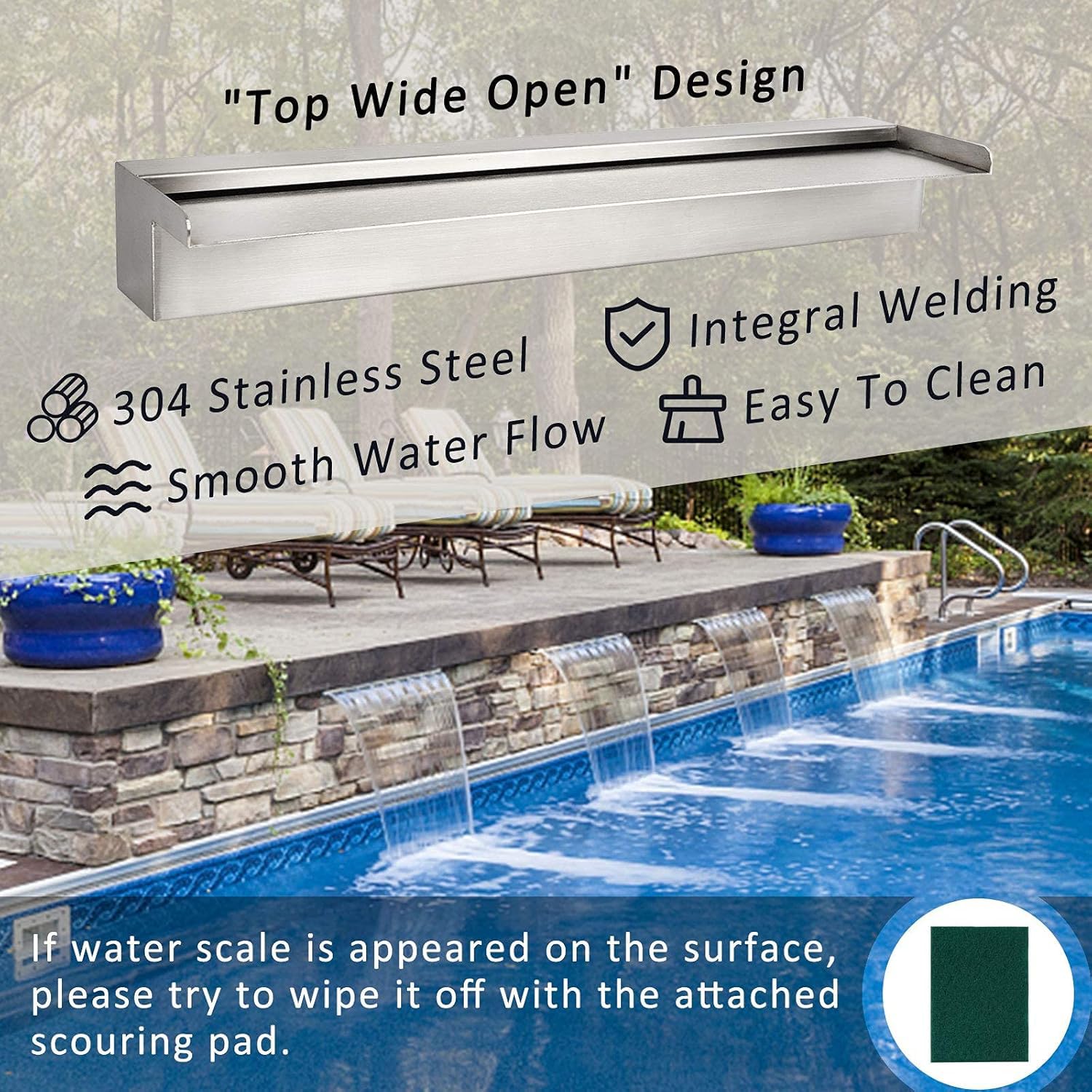 Fontana per Piscina a Cascata in Acciaio Inossidabile,Fontana per Piscina da 30 cm con Accessori, Parete Spruzzi Larga 14 cm per Giardino Patio Piscina Fontana Laghetto Decorazione
