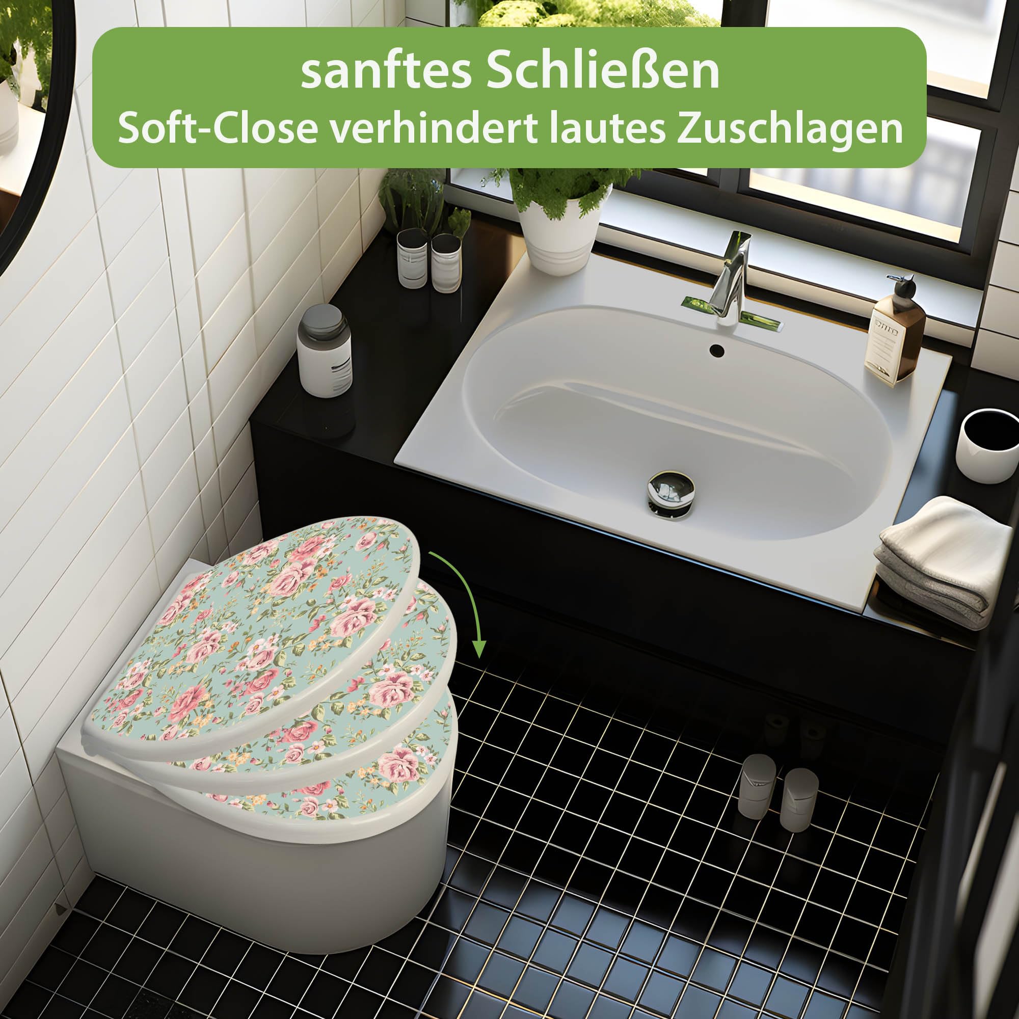 banjado Toilettendeckel mit Absenkautomatik 44,5x37cm - Soft Close Toilettensitz - WC Sitz mit Absenkautomatik - Klodeckel aus Duroplast mit Edelstahl Scharnieren, einfache Montage - Motiv Altrosa Blu