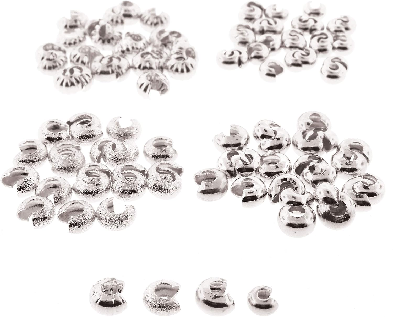 The Beadsmith Basic Elements Crimp Bead Covers for Hiding Crimped Beads and Preventing Snagging Jewelry on Fabric, Assorted Sizes, Silver Color