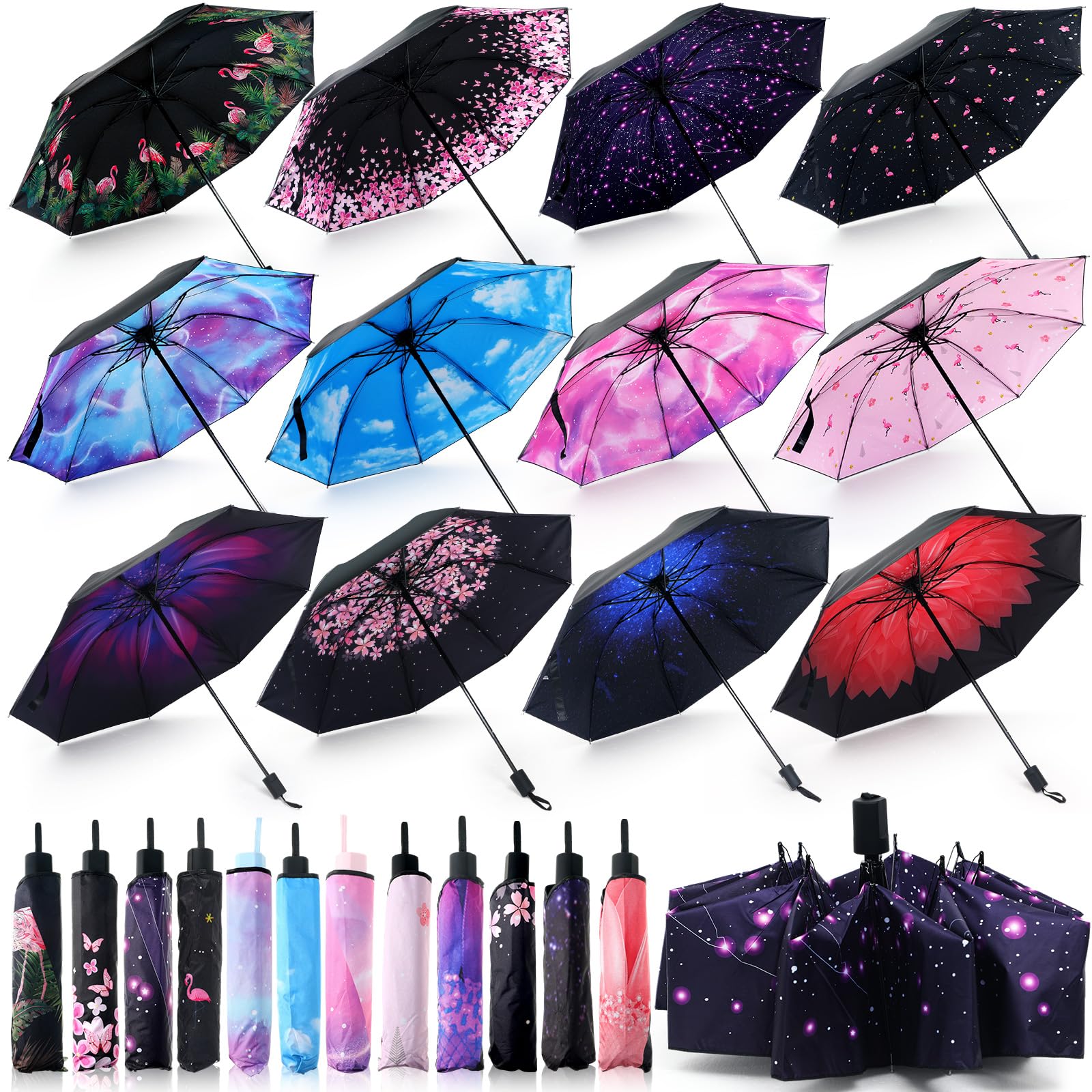Abbylike 12 Pcs Travel Folding Umbrellas Bulk Windproof Small Umbrellas for Rain and Wind with Case 8 Ribs UV Umbrellas Sun Foldable Umbrella Colorful Lightweight Sturdy Umbrella for Women Men
