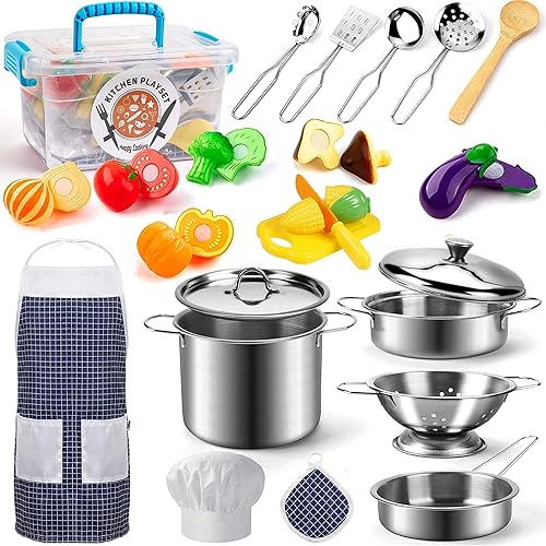 Juego de accesorios de cocina, juguetes de juego de simulación de cocina para niños, juego de cocina con utensilios de cocina de acero inoxidable,
