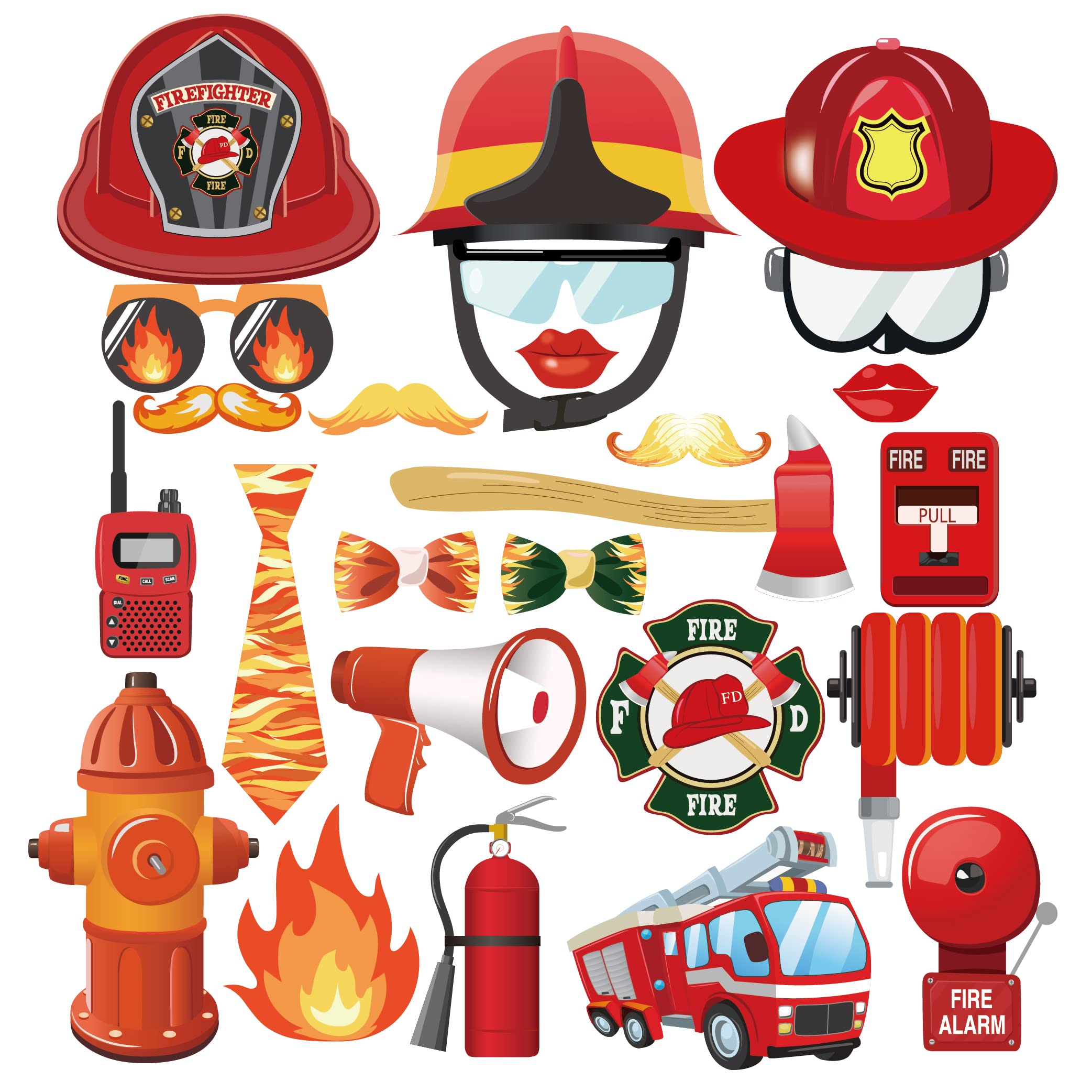 Cc Home 25Pcs Fire Engine Photo Booth Props, Fire Party Decorations Favor For Firefighter Theme Party Supplies Essentials With Sticks And Glues