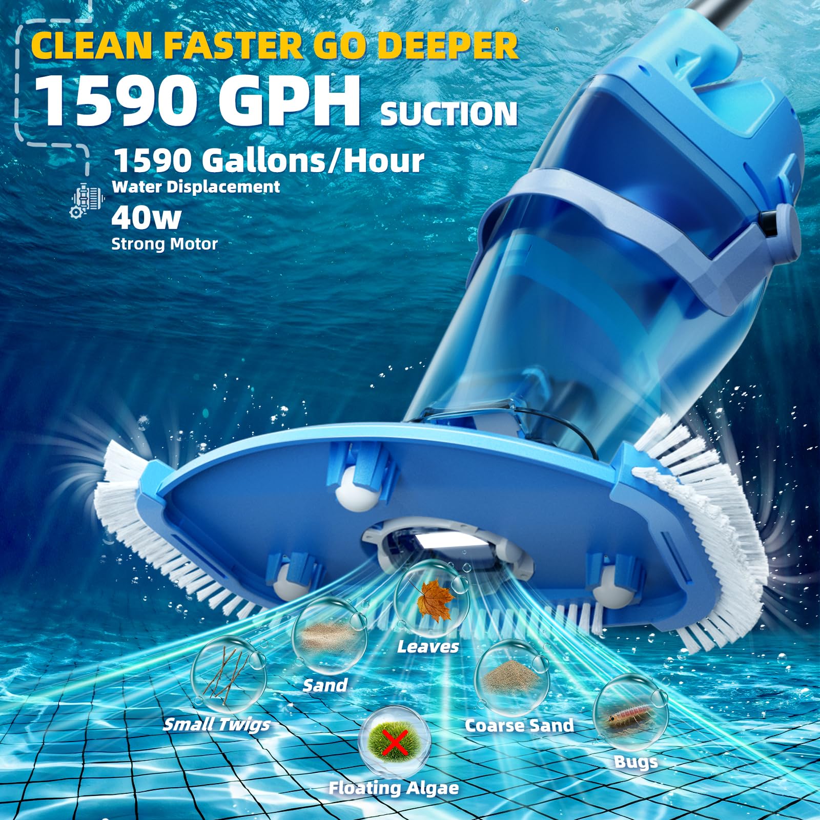 Aspirapolvere per piscina senza fili, potente aspirazione 1950 GPH, pulitore portatile per piscina con asta telescopica, durata 60 minuti, grande capacità 2 l, ricaricabile per piscine fuori terra e