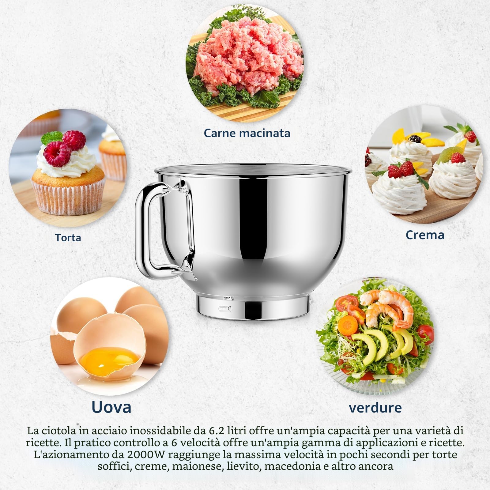 CHeflee Impastatrice Planetaria,2000W Robot da Cucina Multifunzione,6.2 L Ciotola in Acciaio inox,con Frusta,Gancio per Impastare,Frusta per Dolci,6 Velocità Impastatrice Professionale