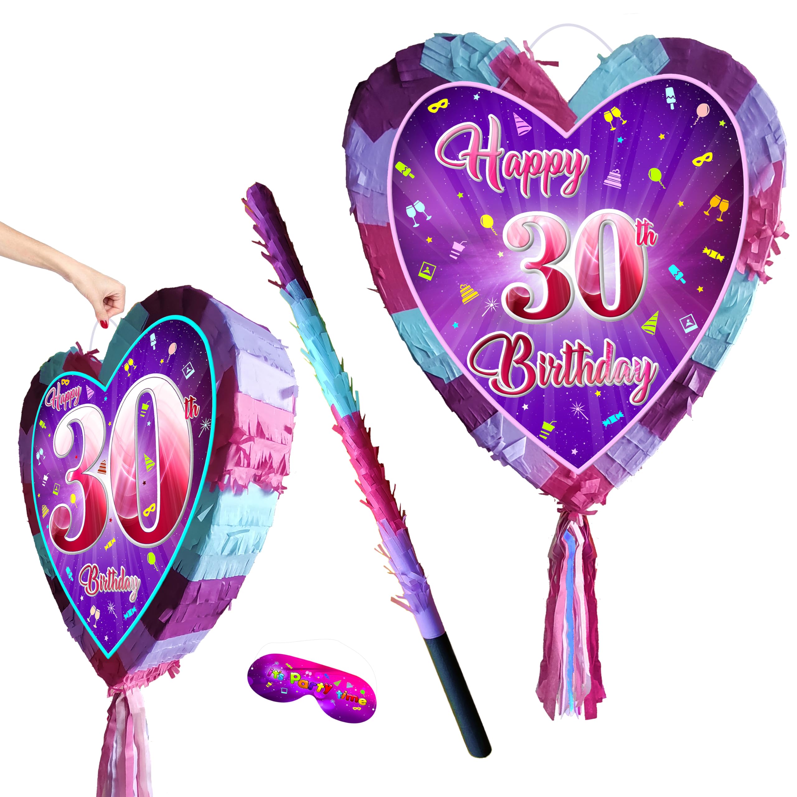 30th birthday pinata with stick - Girls thirty party smashing game - Big 41cm x 38cm, Pink, Purple, Sky Blue - Image 3