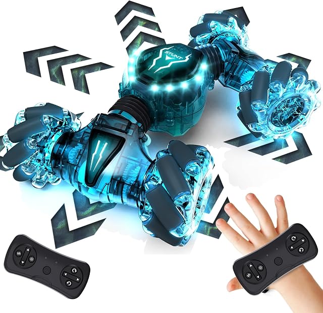 Tecnock Remote Control Car for Boys Girls, 2.4GHz 4WD Gesture Sensing RC Stunt Car Toys - 360° Rotating Double Sided Hand Controlled RC Cars with LED Lights, Gifts for Kids
