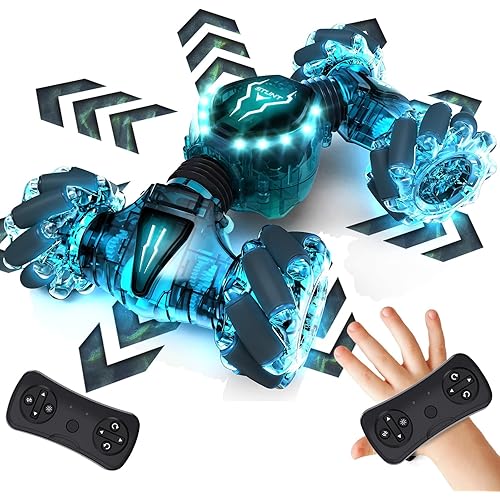 Tecnock Remote Control Car for Boys Girls, 2.4GHz 4WD Gesture Sensing RC Stunt Car Toys - 360° Rotating Double Sided Hand Controlled RC Cars with LED Lights, Gifts for Kids Ages 6-8, 8-12
