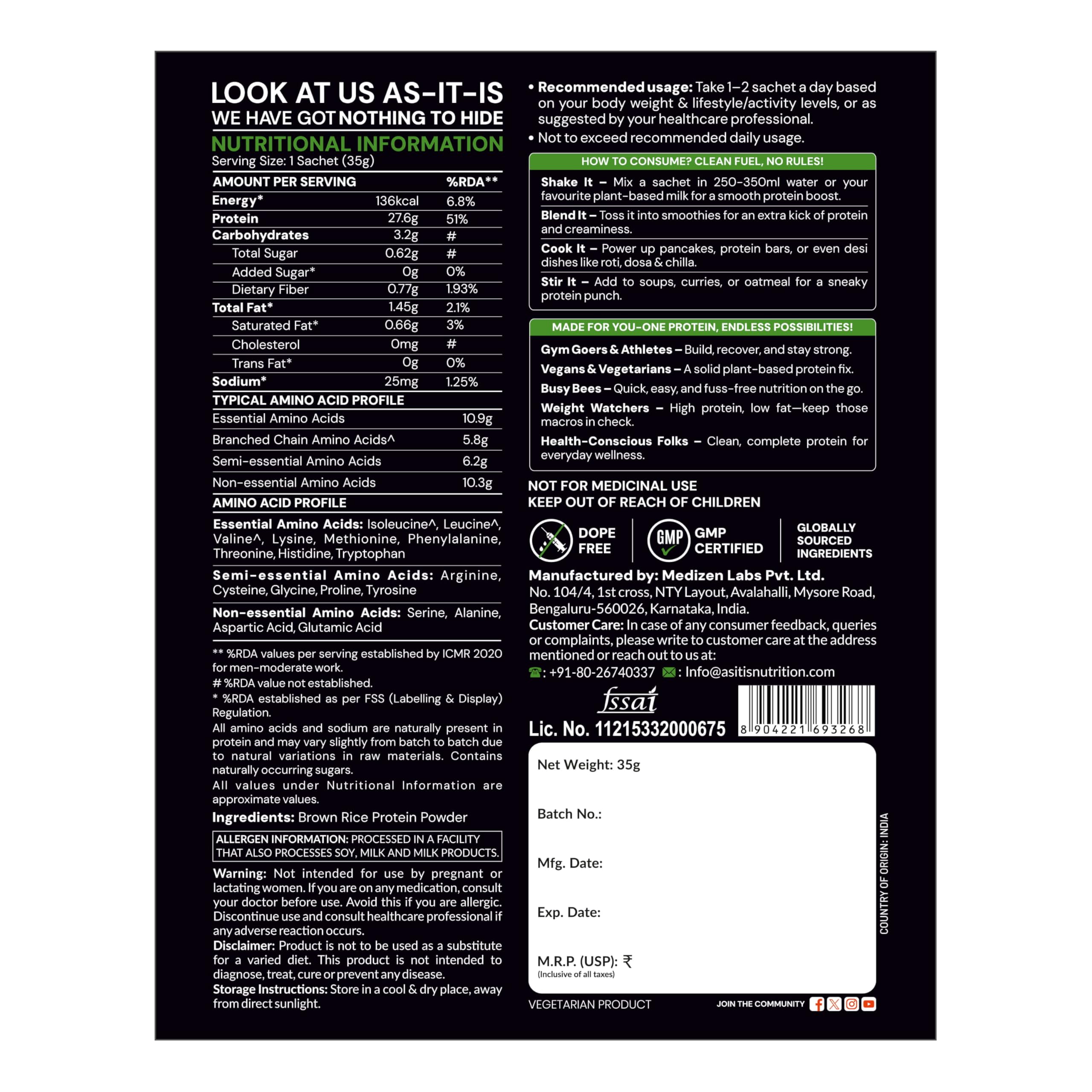 AS-IT-IS One Brown Rice Protein Isolate, Unflavoured & Unsweetened, 35g Sachet - Plant Based Protein, — Amazon image 3