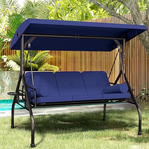 Miniatura 4 de Betterland Silla de columpio de 3 asientos para patio, columpio de porche al aire libre con cojines, almohadas y portavasos, columpio exterior