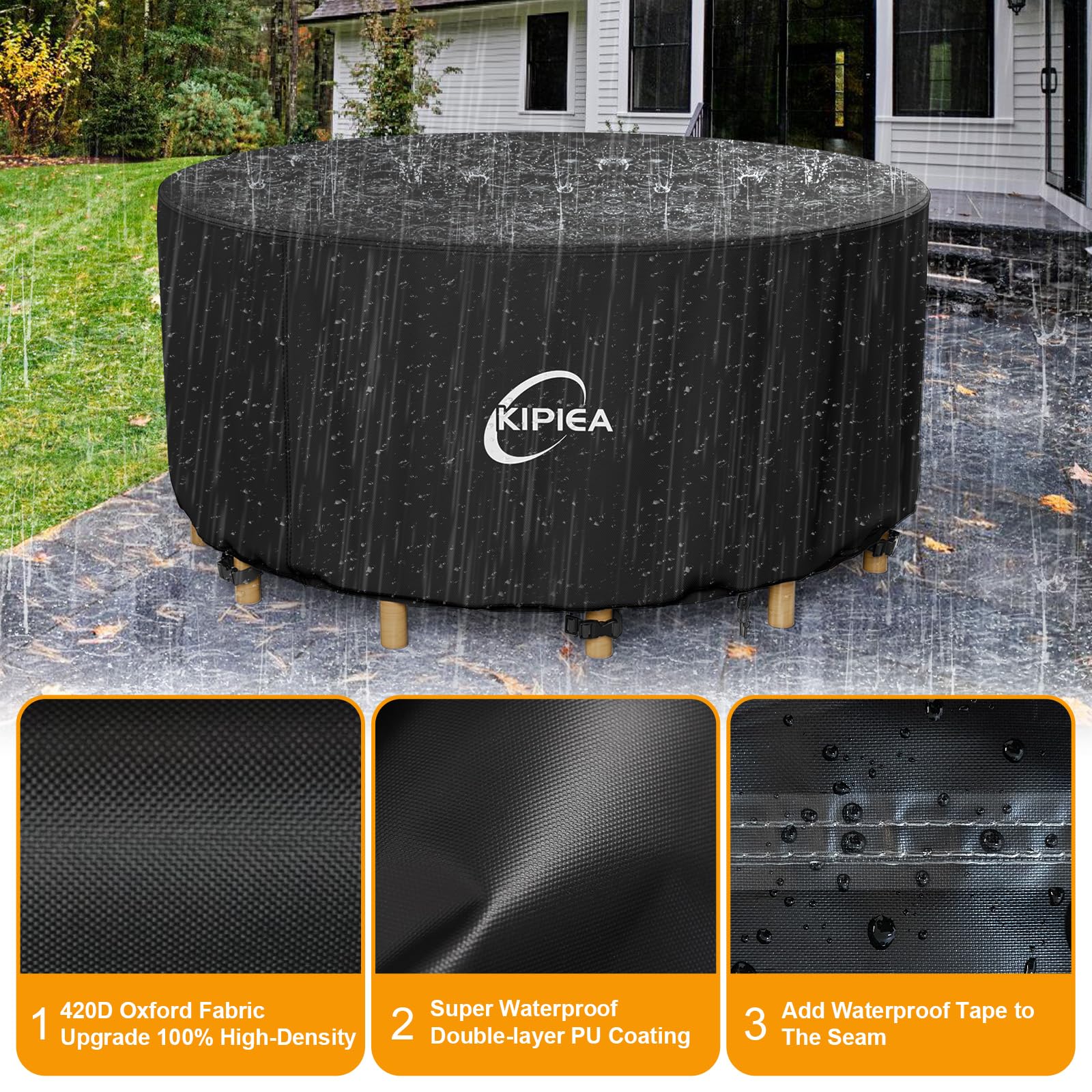 Kipiea Garden Furniture Covers Round, Waterproof Outdoor Table Cover Windproof - Image 3