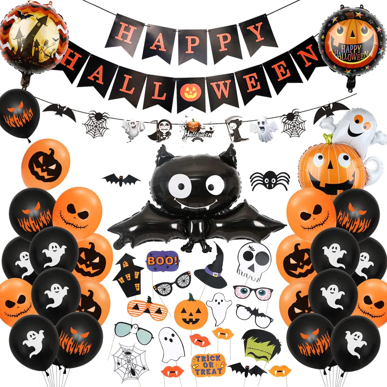 Decoración de Fiesta de Halloween, TOLOYE Halloween Globos Decoración Set con Halloween Feliz Banner, Halloween Fotomatón, Globos Negros Y Naranjas con Fantasmas Calabaza para Fiesta de Halloween