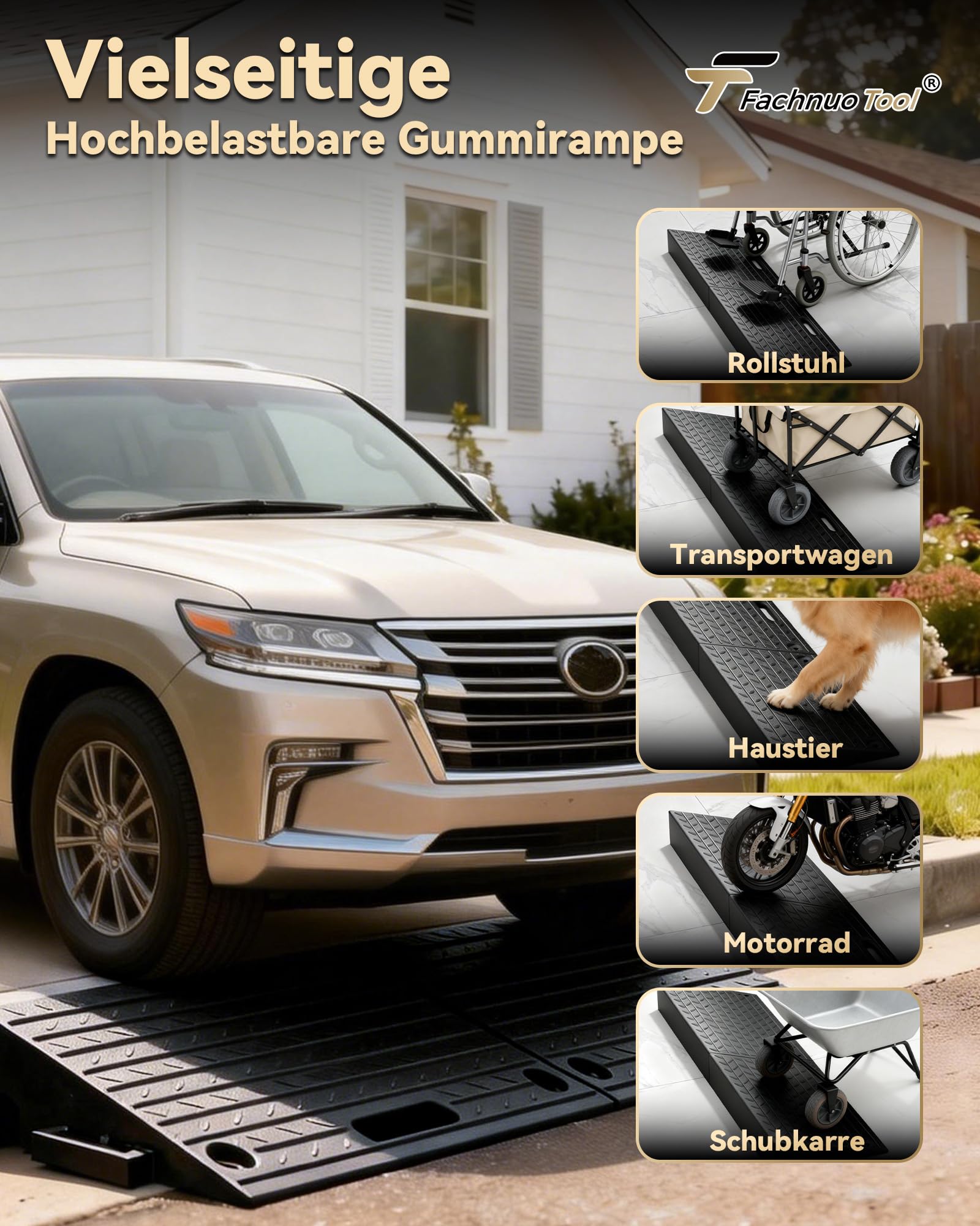 Rampa para bordillos con Capacidad de Carga de 10 toneladas, rampa para umbrales Antideslizante para Coches y Motos, diseño portátil para entradas de vehículos y accesos a Puertas, Juego de 2 Piezas
