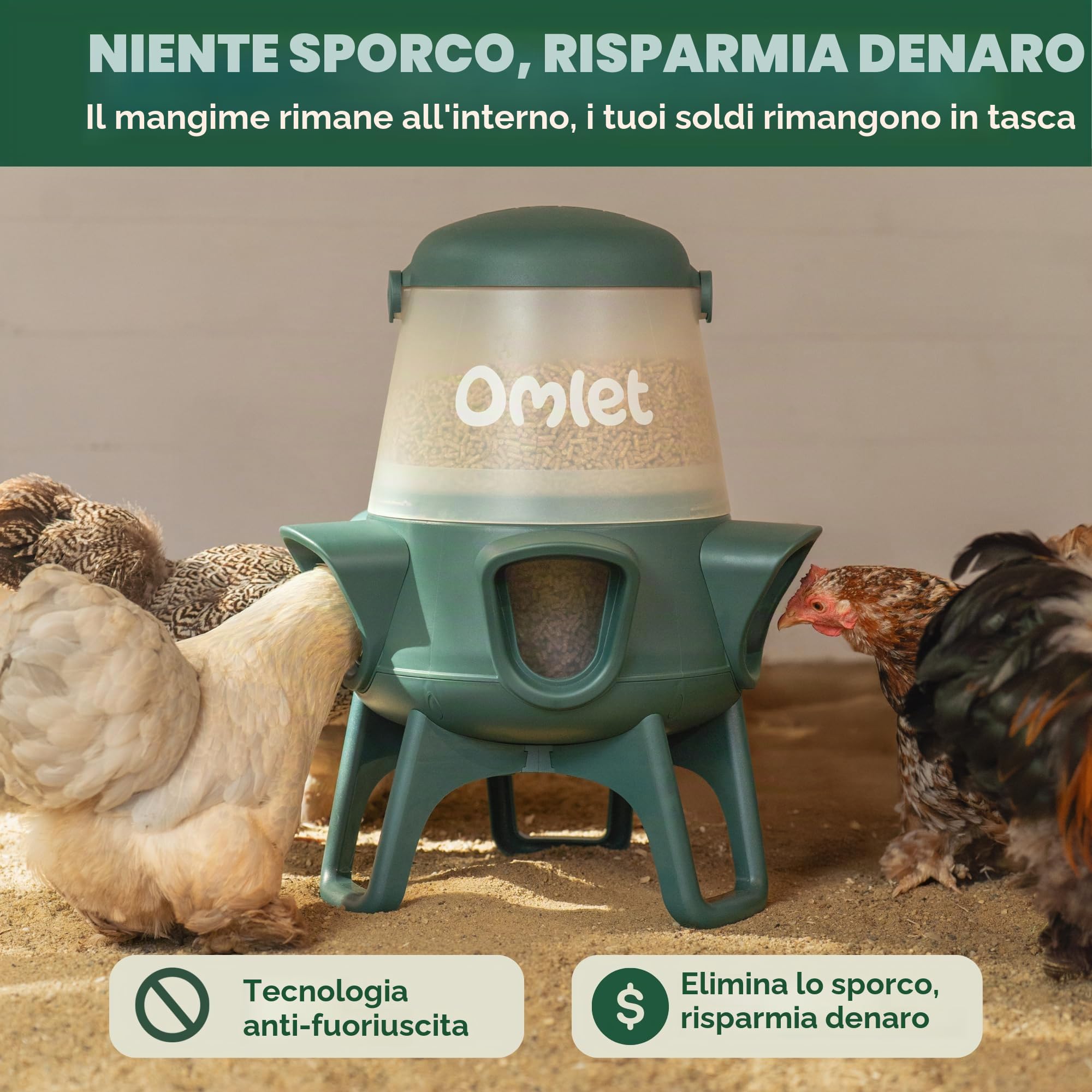 Omlet Mangiatoia per polli, senza sprechi, senza BPA, 5 porte anti-bullo, facile da pulire, nutre 6 galline per 7 giorni, 5 kg