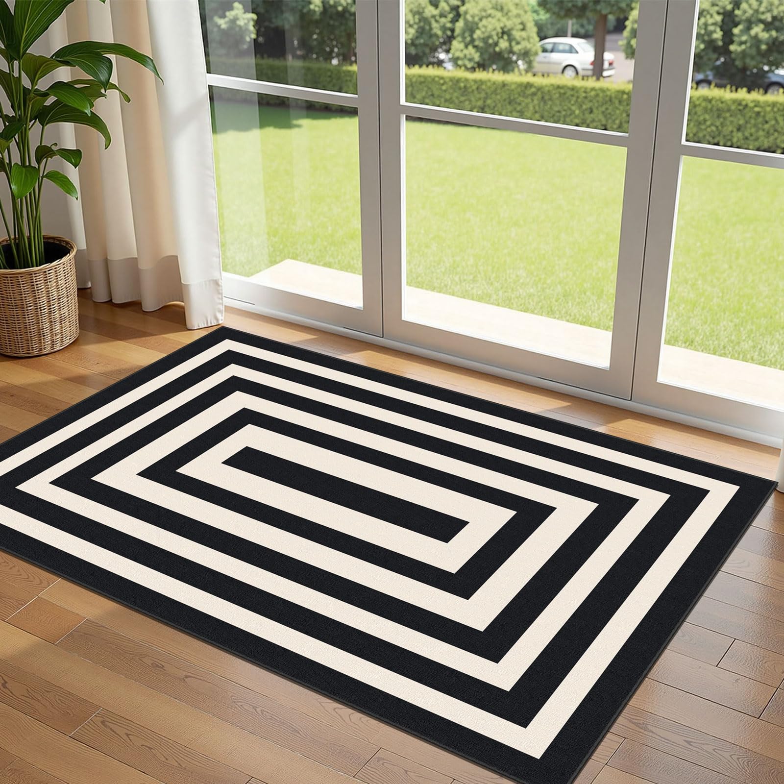 Othilic 3x5 Modern Entry Rug - Small Washable Indoor Outdoor Mats for Front Door Non-Slip Porch Rug Black White Geometric Striped Throw Rugs for Living Room Bedroom Entryway Kitchen Office Porch Decor
