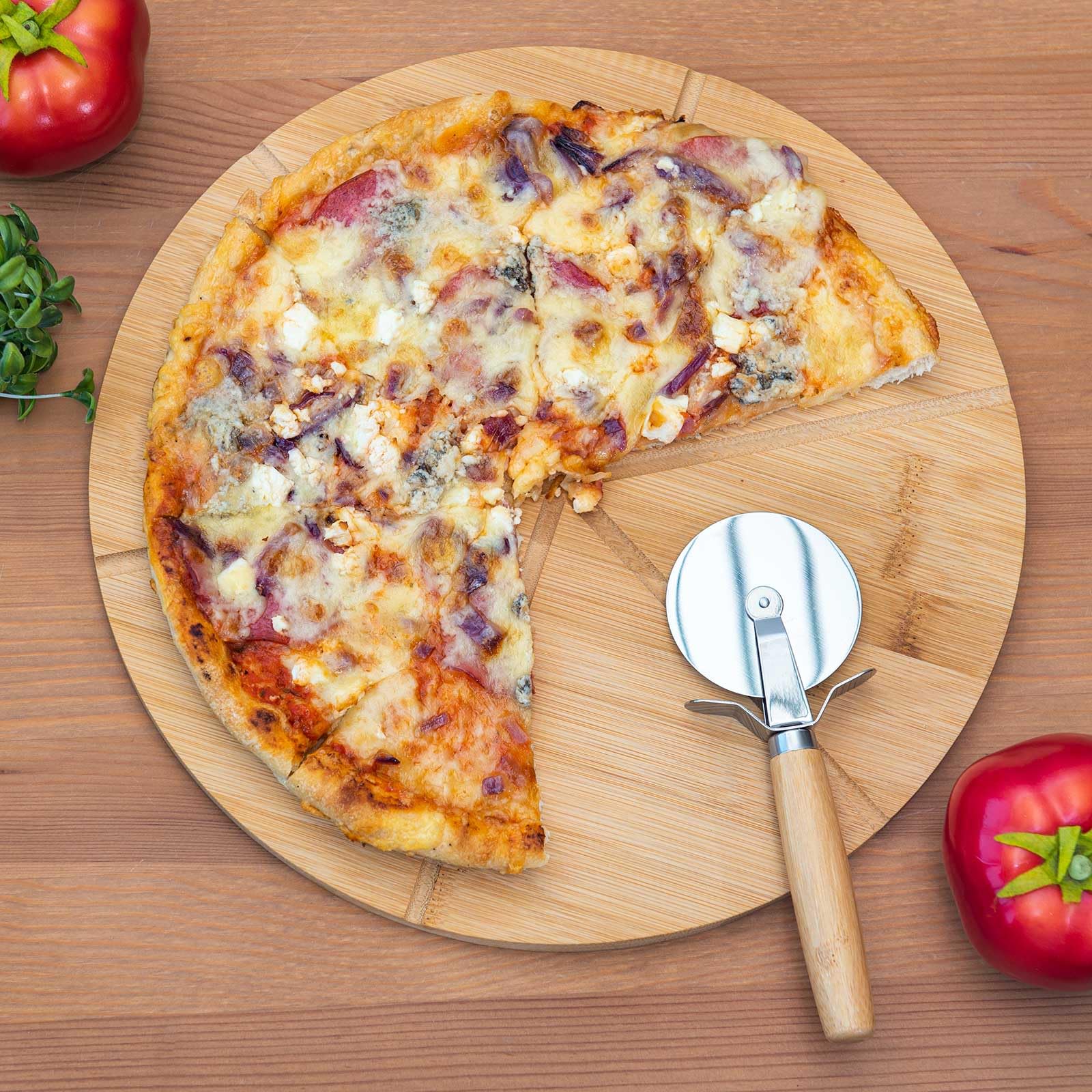 SIDCO Talerz do pizzy, 2 x deska do pizzy z nożem do pizzy, bambusowa deska do krojenia