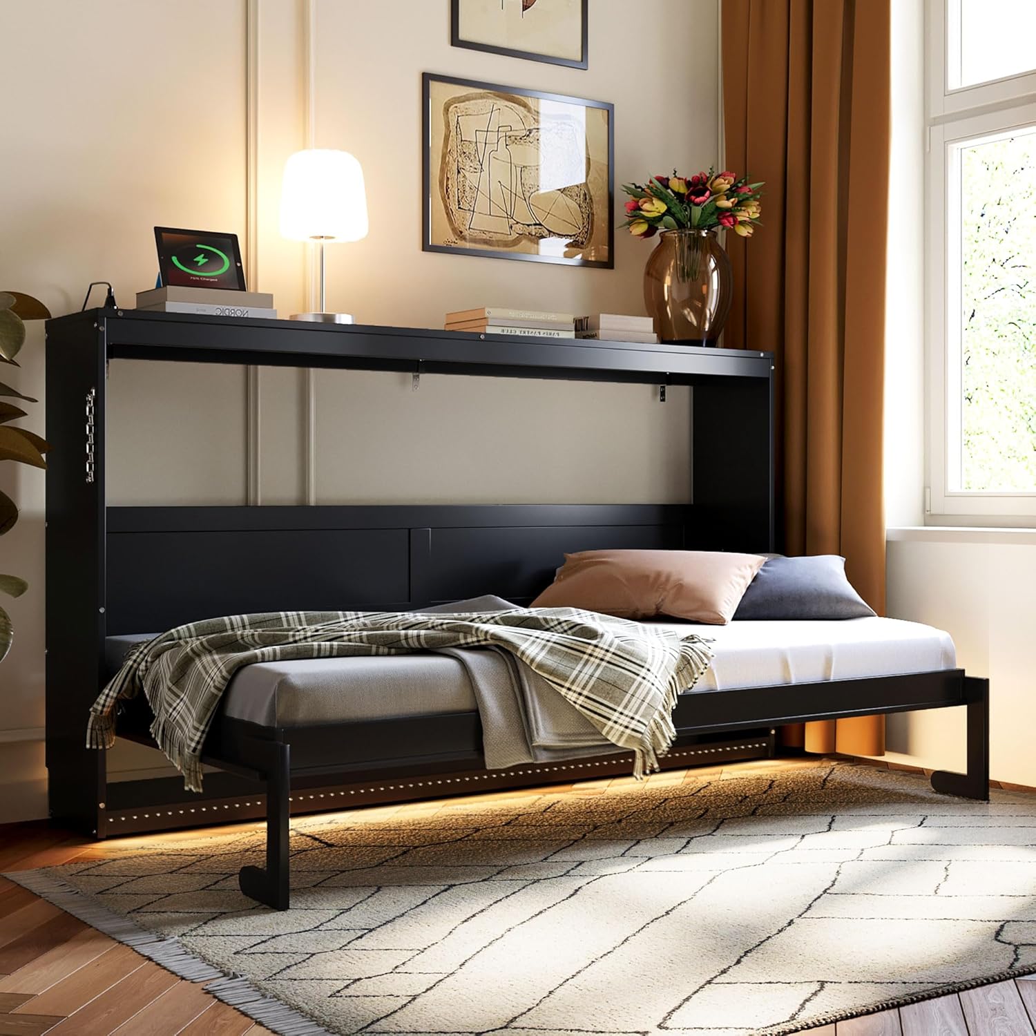 Merax Twin Size Murphy Bed, Side-Folding Murphy Bed with Trendy Printed Pattern, LED Under-Bed Lighting & Built-in USB Outlet, Black