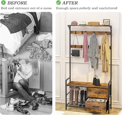 Miniatura 3 de aboxoo Árbol de pasillo con banco de almacenamiento, perchero, estantes de 2 niveles, cesta de almacenamiento de tela, 10 ganchos, organizador