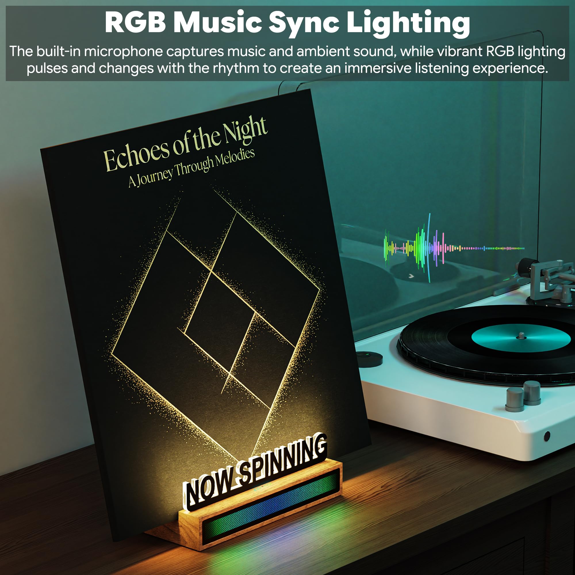 Now Drehbarer Vinyl-Schallplattenständer, beleuchteter Acryl-Album-Halter mit RGB-Soundsteuerung, Rhythmus-Lichter, warmweißes Licht, Dekoration für Vinyl-Schallplattenliebhaber