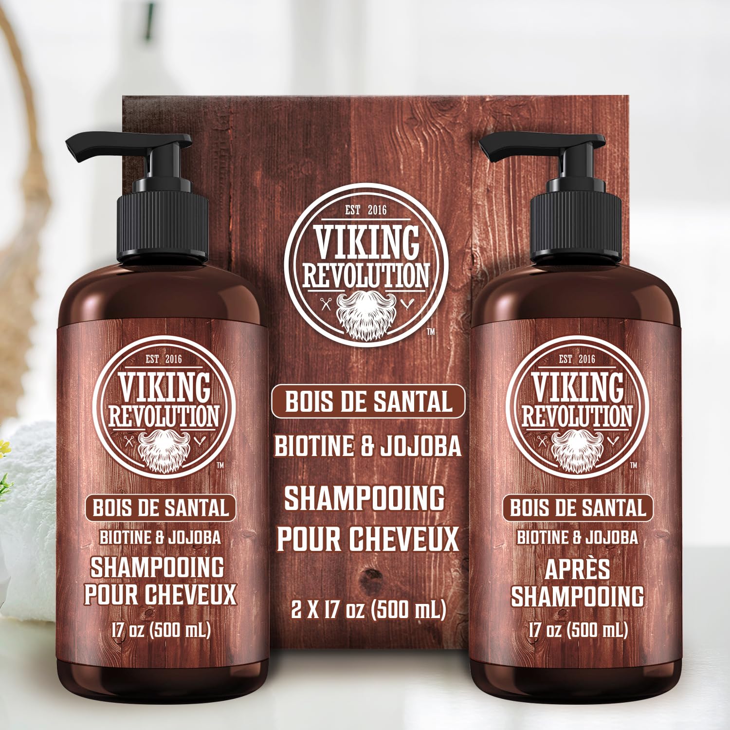 Viking Revolution - Ensemble Shampoing et Après-Shampoing Homme - 2 x 500 ml - Hydrate et Renforce - 100% Naturel avec Vitamine B5 et Huile de Jojoba - Bois de Santal