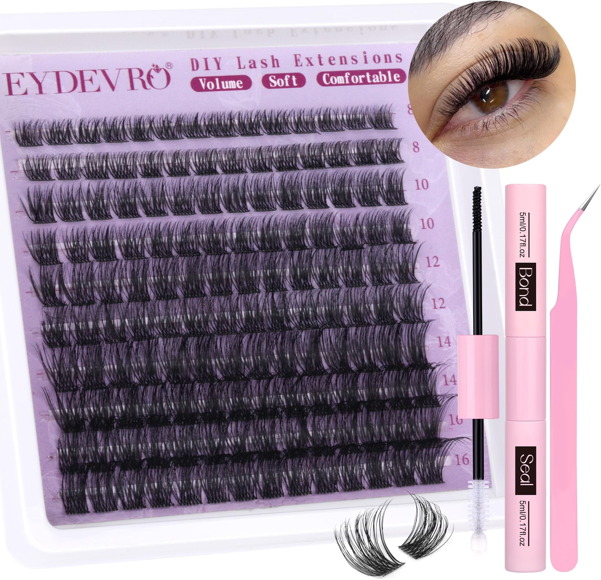 EYDEVRO Natural Cluster Lashes Kit - D Curl Individual Eyelashes Wispy Lash Clusters - Lash Extension Kit - Bond and Seal - Tweezers (0.07, 8-16mm, D Curl)