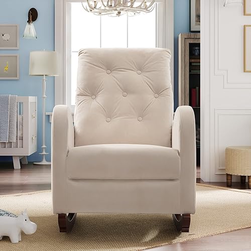 Miniatura 3 de Silla mecedora moderna, sillón de terciopelo copetudo con respaldo alto y bolsillo lateral para guardería, dormitorio, sala de estar (beige)